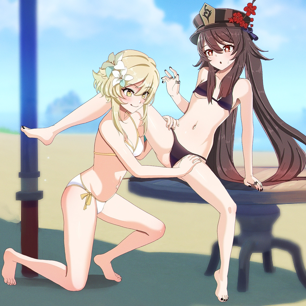 2girls, aruman, ass, bikini, blonde female, blonde hair, brown hair, feet, female, female only, genshin impact, hu tao (genshin impact), licking lips, long hair, lumine (genshin impact), spread legs, swimsuit, yuri