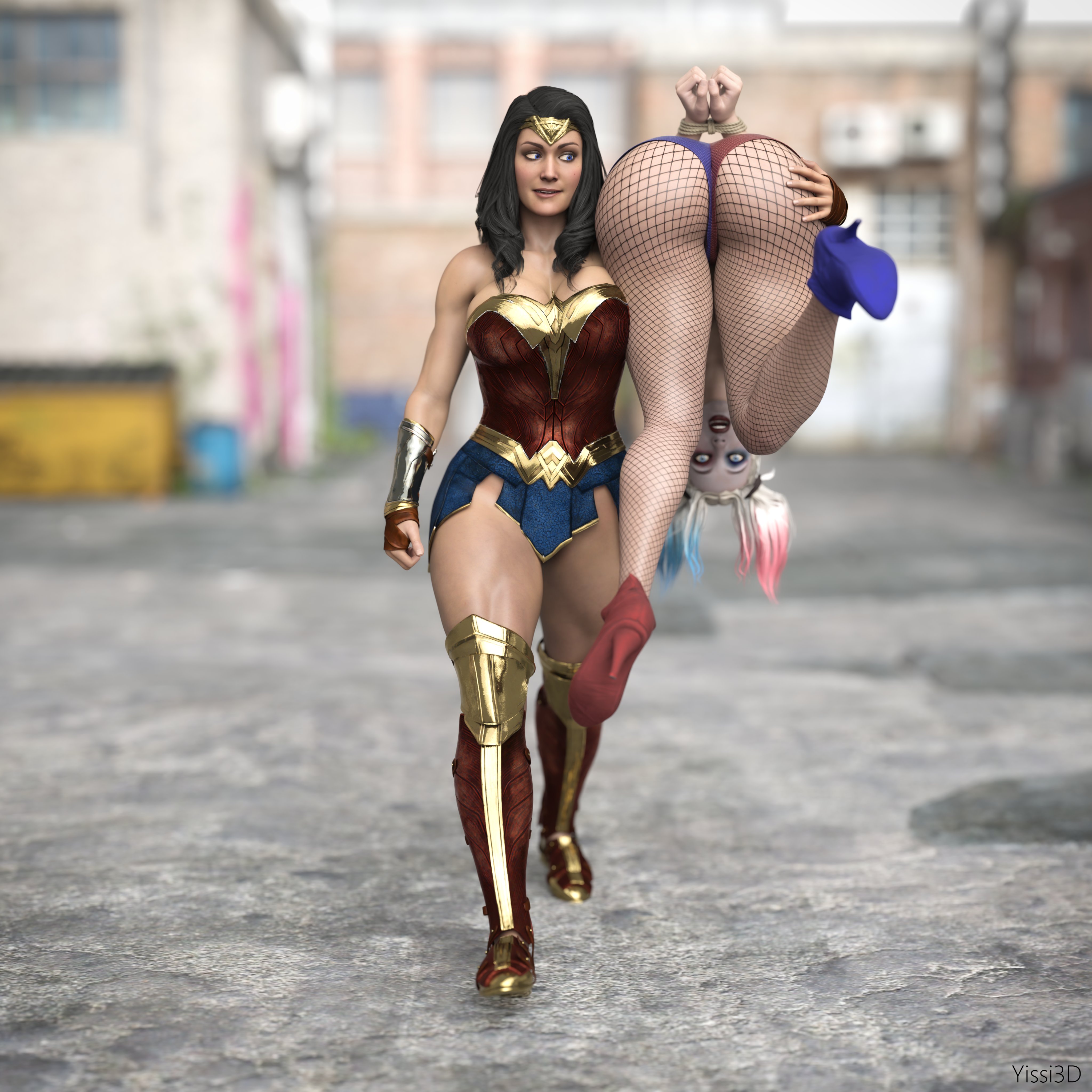 2girls, 3d, 3d (artwork), ass, batman (series), big ass, big breasts, black hair, blue eyes, breasts, carrying partner, dc, dc comics, diana prince, female, female only, femdom, fishnet legwear, fishnets, harley quinn, harley quinn (injustice), imminent sex, injustice 2, lezdom, light skin, light-skinned female, multicolored hair, thick thighs, tied up, wide hips, wonder woman, wonder woman (injustice), wonder woman (series), yissi3d, yuri
