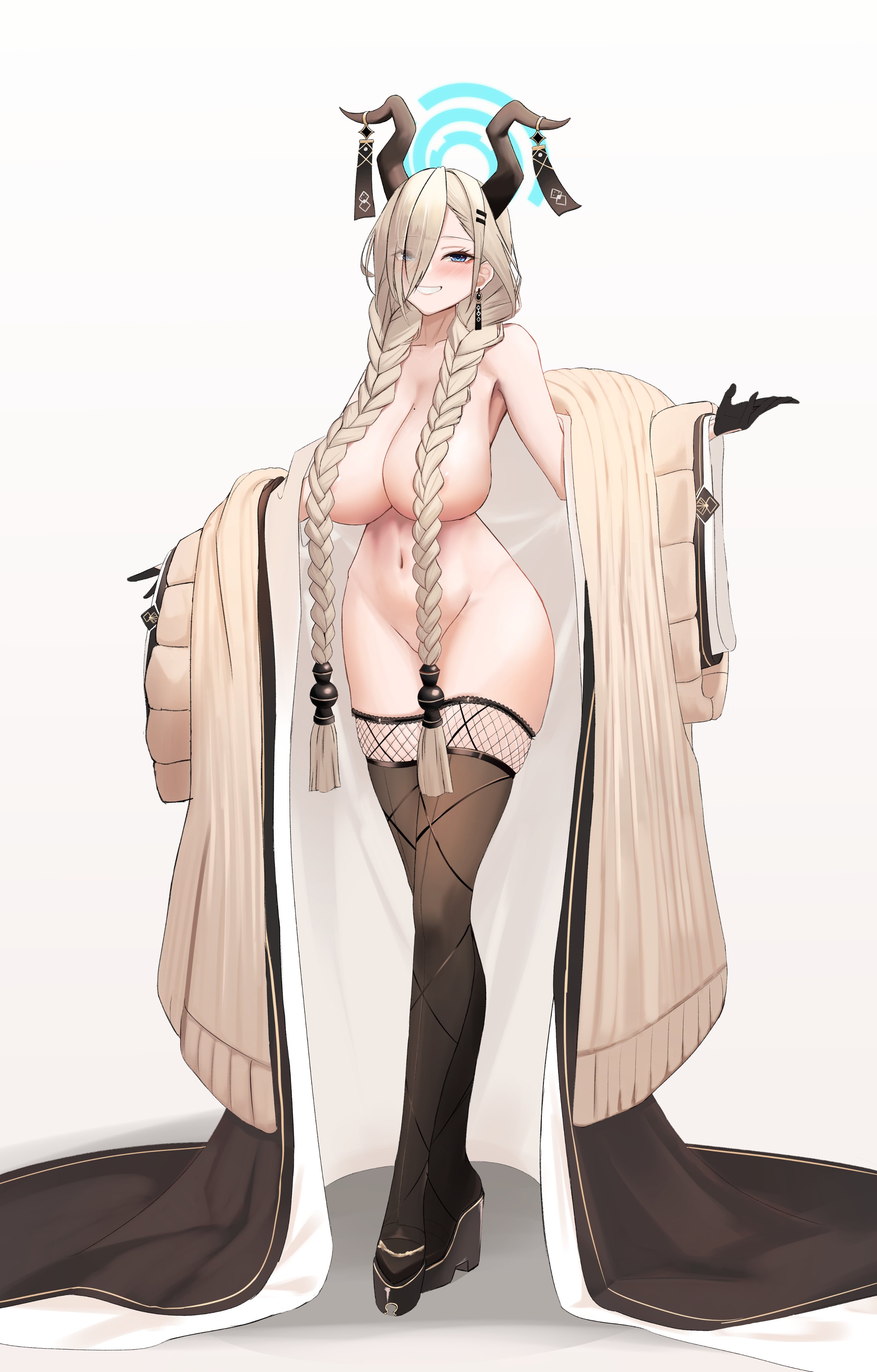 1girls, areola slip, asuna (blue archive), azur lane, big breasts, blonde hair, blue archive, blue eyes, blush, braid, braided hair, braided twintails, breasts, convenient censoring, cosplay, female, female only, first porn of artist, full body, hair censor, heels, high heels, horn, horns, huge breasts, kaba697, large breasts, long hair, owari (azur lane), owari (azur lane) (cosplay), sagging breasts, slender waist, spread arms, thick thighs, twintails, wide hips
