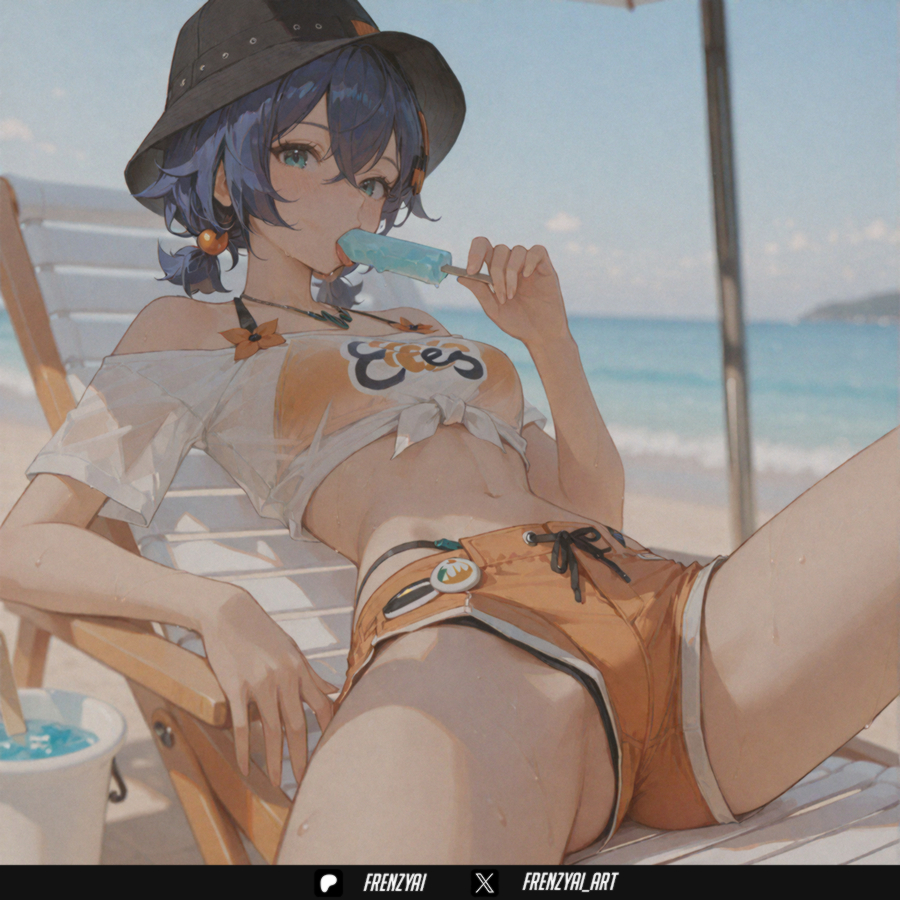 1girls, ai generated, bare shoulders, beach, beach chair, beach umbrella, belle (summer skies) (zenless zone zero), belle (zenless zone zero), bikini, bikini under clothes, black headwear, blue eyes, blue hair, blurry, breasts, bucket hat, chair, day, female, female only, food, frenzyai, hair between eyes, hair ornament, halterneck, hat, looking at viewer, lounge chair, low twintails, lying, medium breasts, midriff, navel, official alternate costume, on back, orange bikini, orange shorts, outdoors, popsicle, reclining, see-through, shirt, short hair, short shorts, short twintails, shorts, solo, spread legs, sweat, swimsuit, thighs, tied shirt, twintails, umbrella, water, wet, white shirt, zenless zone zero