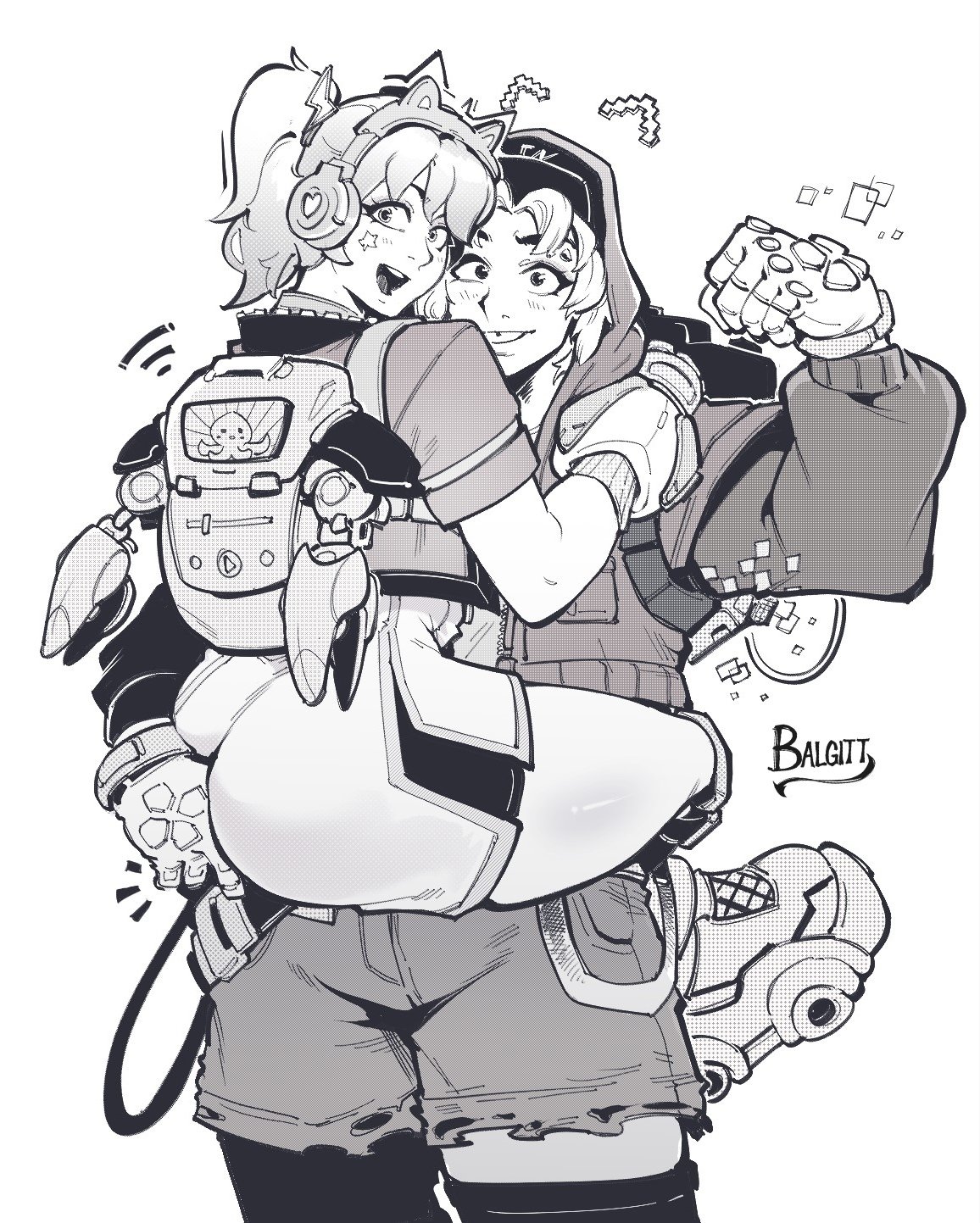 1girls, 1nonbinary, 2d, ass, ass grab, balgitt, juno (overwatch), overwatch, venture, voluptuous female
