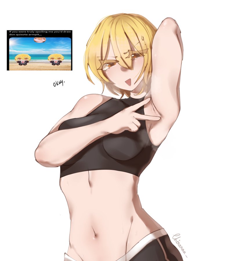 1girl, 1girls, armpit, armpit crease, armpit fetish, armpit spread, armpits, belly, belly button, blonde, blonde female, blonde hair, blonde hair female, blonde-haired female, breasts, chiraraa, don quixote (limbus company), female, female focus, female only, girl, limbus company, looking at viewer, looking down, looking down at viewer, medium breasts, project moon, solo, solo female, solo focus, sports bra, sportswear, spreading, spreading armpit, stomach, tagme, yellow eyes, yellow hair