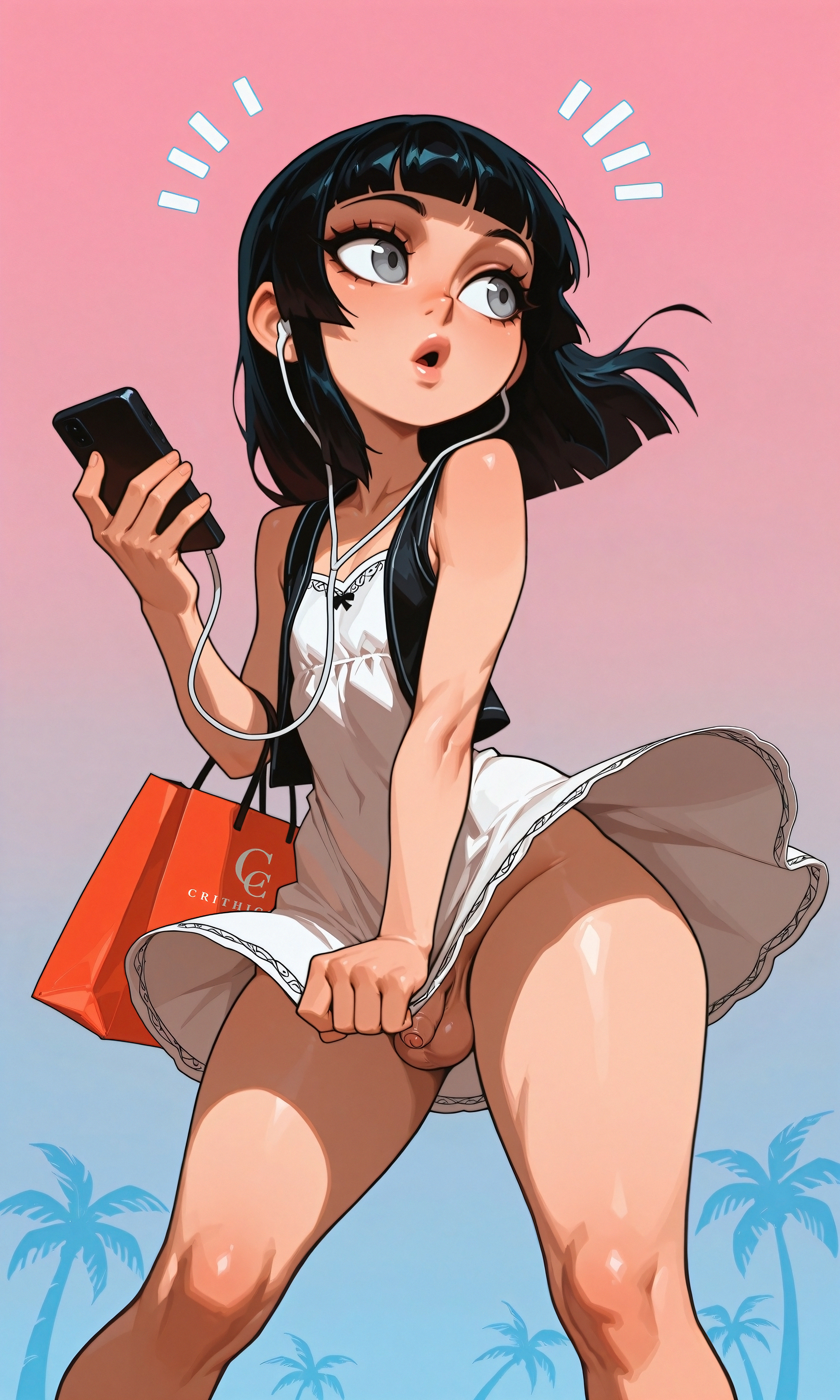 :o, 1boy, 4k, absurd res, ai generated, bag, bangs, bare shoulders, black hair, black vest, blue background, blunt bangs, blush, borrowed character, cellphone, clothing, covered navel, covering, covering crotch, covering privates, crossdressing, dress, dress tug, earbuds, earphones, feet out of frame, femboy, flaccid, foreskin, gradient, gradient background, grey eyes, hi res, high resolution, highres, hime cut, holding, holding object, holding phone, illustrious (stable diffusion), jaja ai, lips, male, male only, medium hair, navel, no panties, nopan, notice lines, open mouth, original, original character, otoko no ko, palm tree, parted lips, penis, phone, pink background, portrait format, self upload, shiny, shiny skin, shopping bag, short dress, sleeveless, sleeveless dress, small penis, smartphone, solo, stable diffusion, standing, sundress, testicles, thighs, trap, tree, uncensored, very high resolution, vest, wai-nsfw-illustrious-sdxl, white dress, wide hips, wind, wind lift