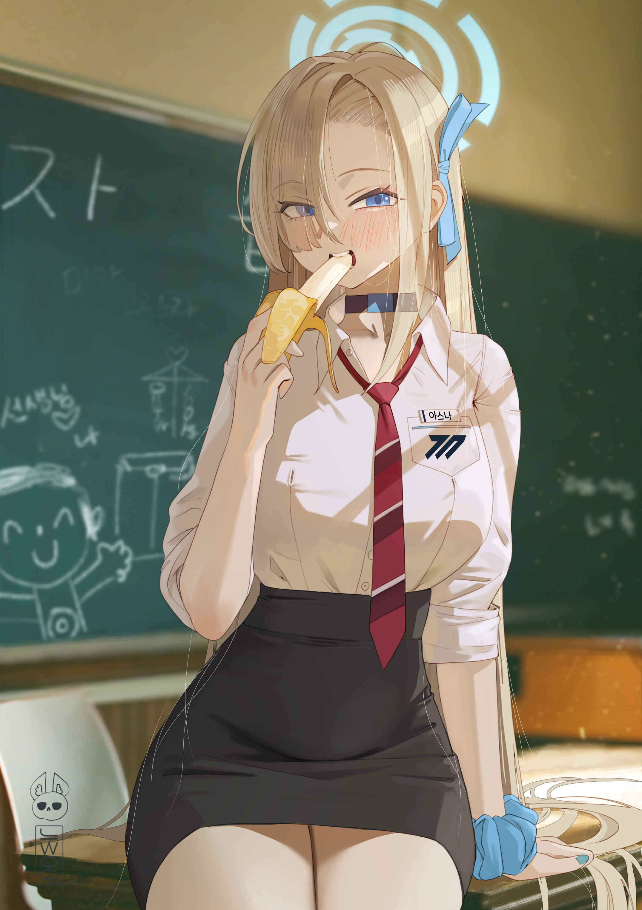1girl, absurdres, asuna (blue archive), asuna (school uniform) (blue archive), banana, black skirt, blonde hair, blue archive, blue eyes, blue halo, blush, breasts, choker, collarbone, commentary, doodle sensei (blue archive), eating, eyes visible through hair, food, fruit, hair over one eye, halo, highres, large breasts, long hair, looking at viewer, midfinger, necktie, open mouth, pencil skirt, red necktie, scrunchie, sensei (blue archive), shirt, signature, sitting, sitting on table, skirt, sleeves rolled up, solo, thighs, very long hair, white shirt, wrist scrunchie