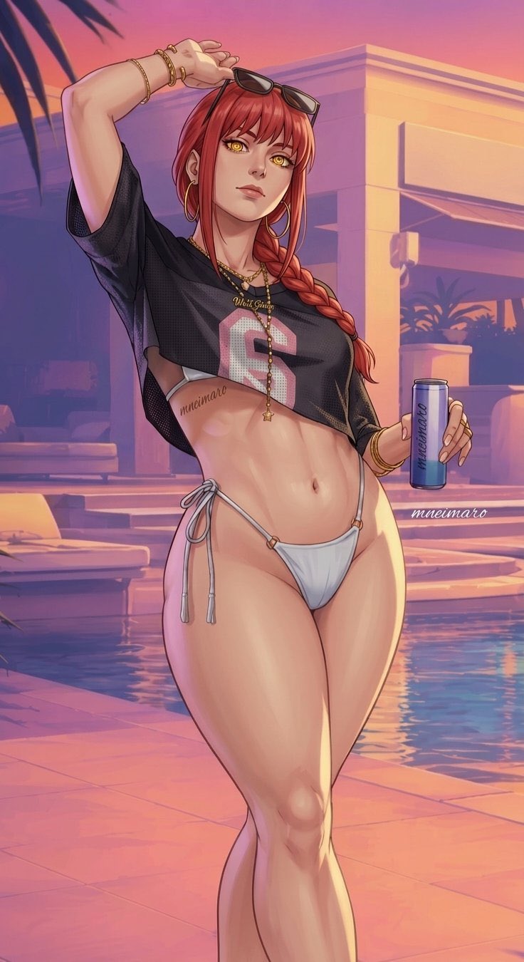 ai generated, arm up, asian, asian female, bare legs, bare thighs, belly button, bikini, bikini bottom, bikini top, bracelet, bracelets, chains, chainsaw man, control devil, cosplay, cosplayer, earrings, female, female only, glowing eyes, grand theft auto, grand theft auto vi, hourglass figure, hourglass figured female, long hair, looking at viewer, makima (chainsaw man), midriff, pale skin, pale-skinned female, ponytail, slim waist, sunglasses on head, swimsuit, tagme, tank top, thick thighs, tied hair, vice city cover girl, wide hips