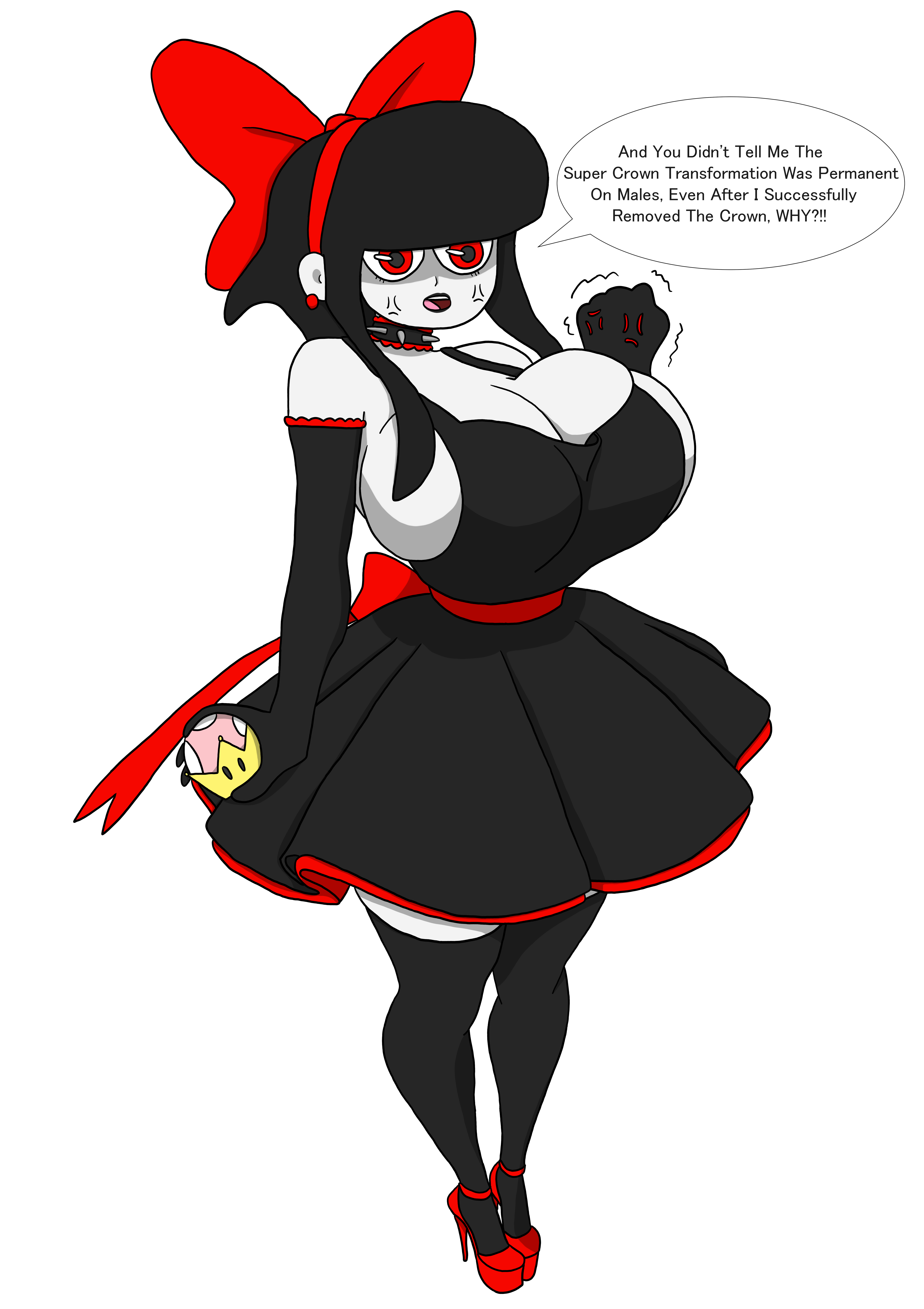 anger vein, angry, bewitching thighs, black hair, bursting breasts, busty, busty female, choker, cleavage, fist, full body, genderswap (mtf), goth, goth girl, hair ribbon, high heels, huge breasts, large breasts, lipstick, milf boobs, mommy milkers, pale skin, platform heels, red eyes, red heels, ribbon, rule 63, scythe (dizzyspells), short dress, sidelocks, speech bubble, spiked collar, strappy heels, super crown, thick thighs, thighhighs, twilight jester, white skin