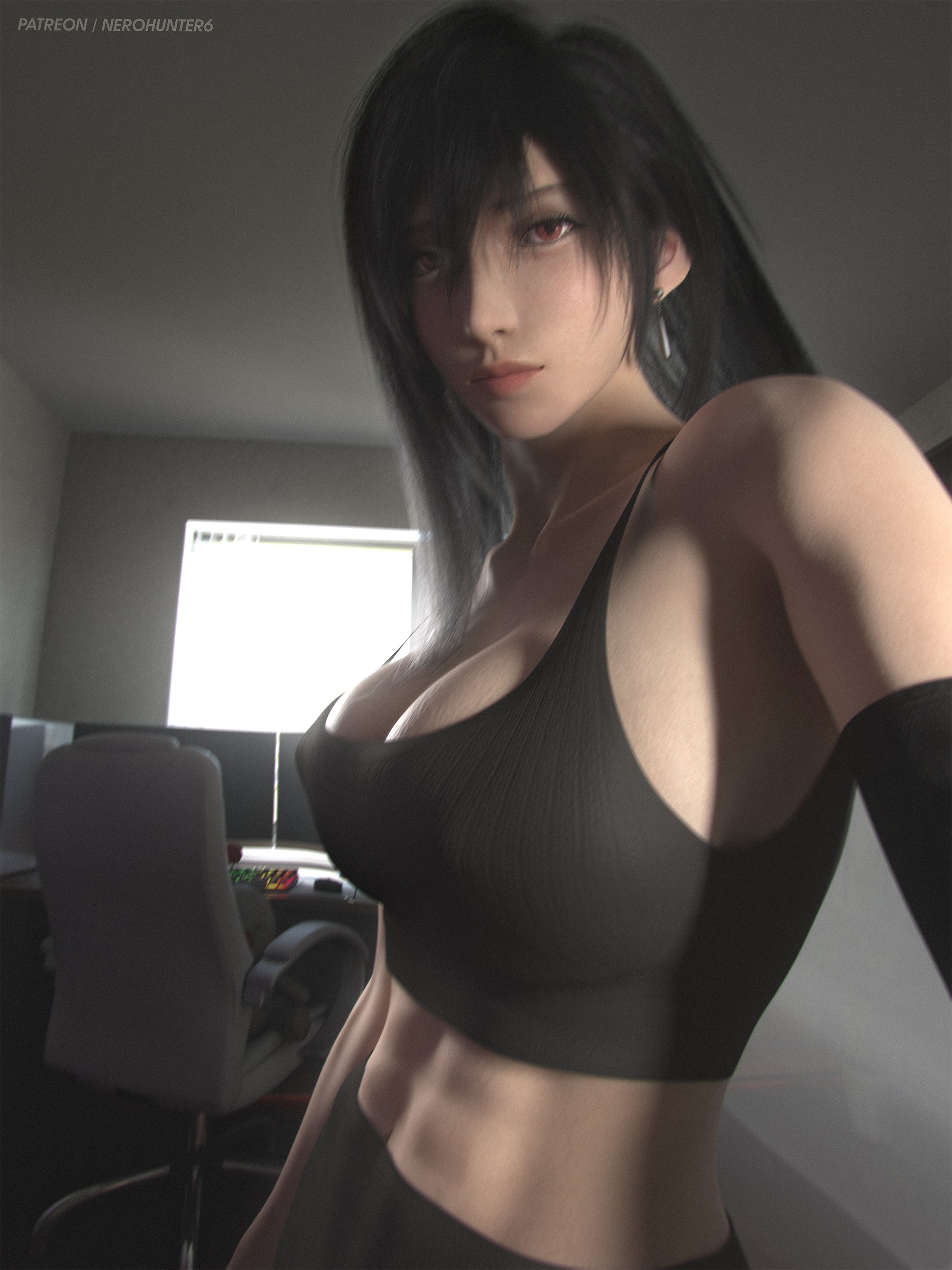 1girls, abs, athletic, athletic female, big boobs, big breasts, black hair, black hair female, boobs, breasts, female, female focus, female only, final fantasy, final fantasy vii remake, fit, fit female, large boobs, large breasts, light skin, light-skinned female, nerohunter6, red eyes, solo, solo female, solo focus, tifa lockhart, toned, toned female