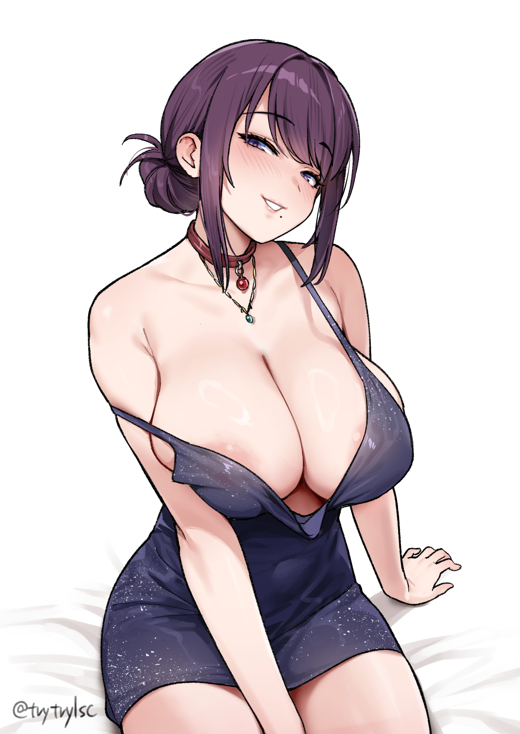 1girl, areola slip, black dress, breasts, cleavage, commentary request, dress, hair bun, highres, large breasts, long hair, looking at viewer, navel, off shoulder, original, purple eyes, purple hair, sitting, smile, solo, try, try (lsc), white background