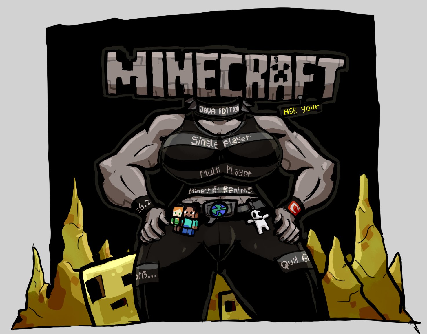 1girls, 2026, alex (minecraft), belt, belt buckle, big breasts, black pants, black topwear, breasts, curvaceous, curvy, curvy figure, fdel3528, female, female focus, fit, fit female, front view, gijinka, grey body, looking at viewer, minecraft, muscular, muscular female, solo, solo focus, spiked collar, steve (minecraft), sulfur cube (minecraft), title screen, toned, toned female, what, why, wide hips, wtf