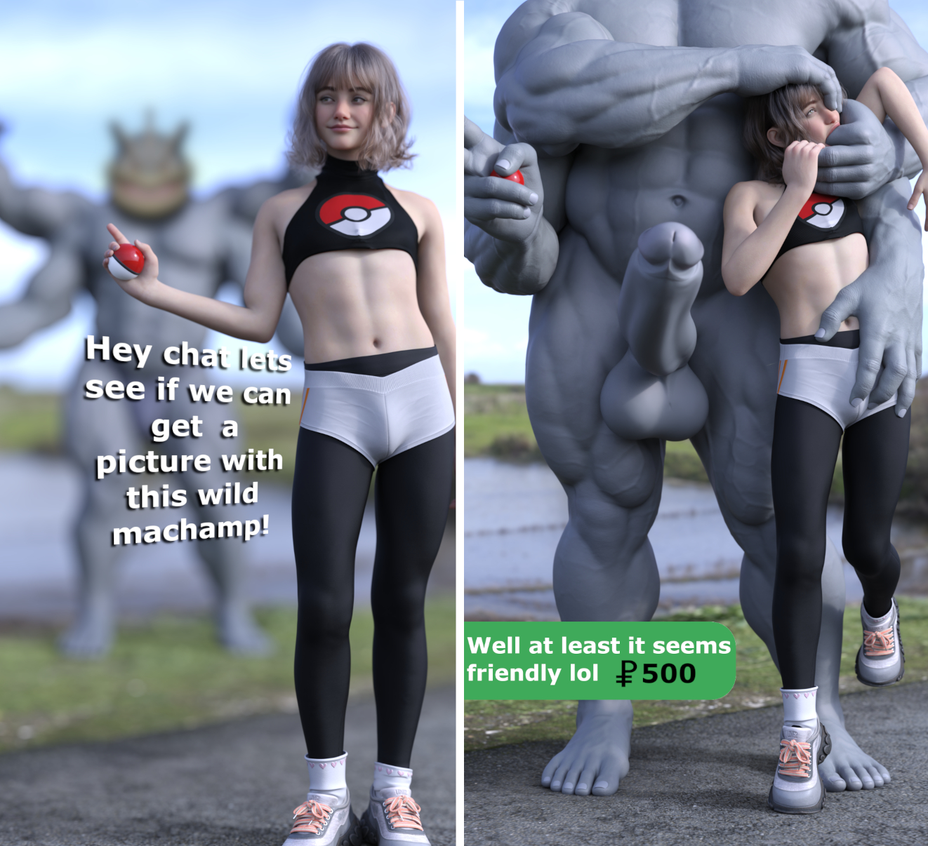 bangs, brown hair, english text, erection, femboy, finger in mouth, gay, grope, groped, hdregrets, headlock, huge cock, large balls, large penis, machamp, muscular, muscular male, owned, owned bitch, pokemon, pokemon (species), pokemon on human, pokemon on male, pokemon trainer, pokephilia, shorts, shoulder length hair, size difference, sneakers, socks, spandex, streaming, text, two panel image, vein, veins, veiny, veiny muscles, yaoi