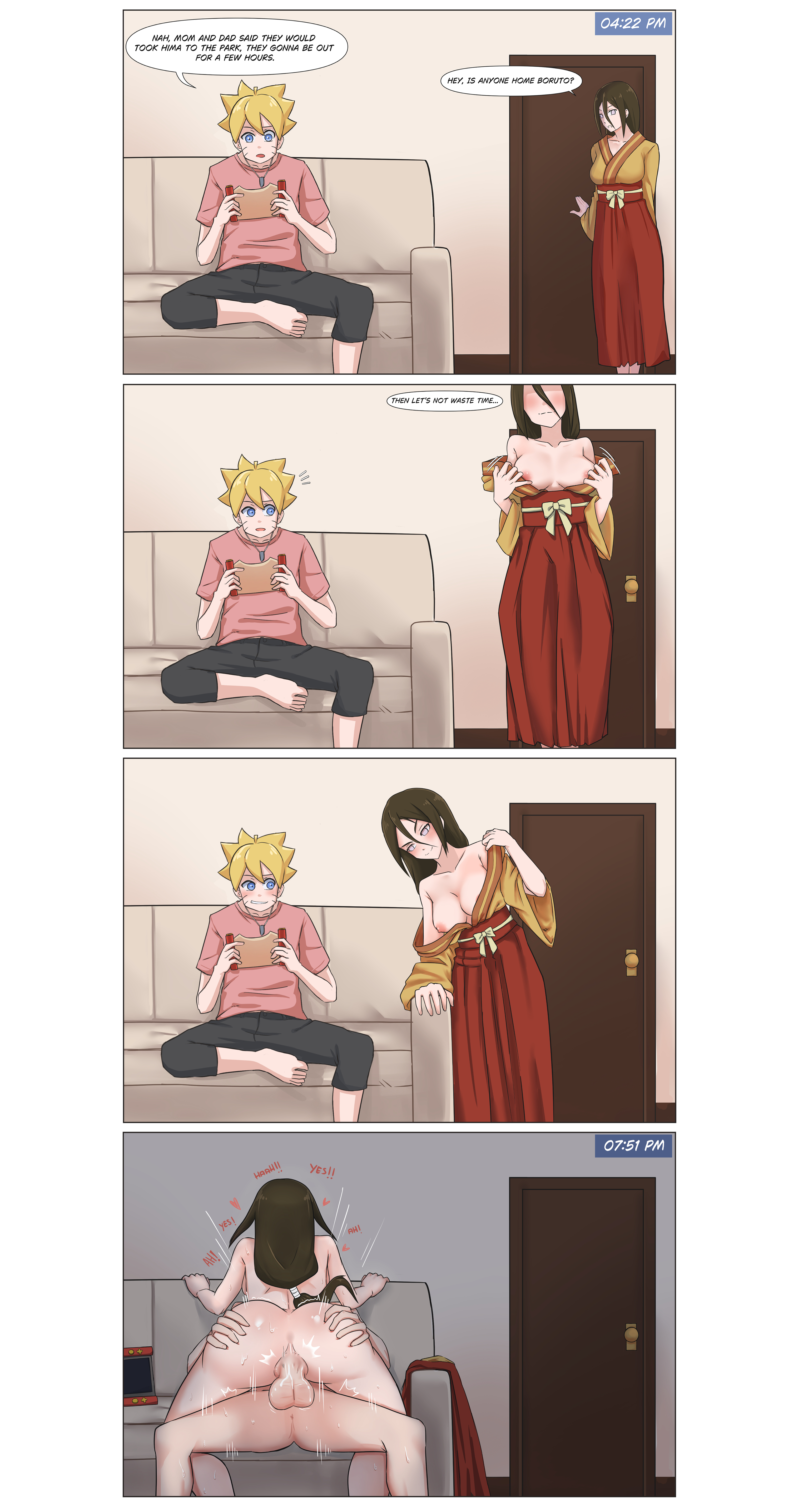 1boy, 1girls, adult and teenager, age difference, aunt and nephew, back view, boruto: naruto next generations, censored, censored anus, censored penis, censored pussy, cowgirl position, english, english text, grabbing ass, height difference, hetero, hyuuga hanabi, incest, indoors, male/female, moaning, moaning in pleasure, moaning on cock, naruto, naruto (series), on sofa, shonen jump, shounen jump, speech bubble, straight, text, undressing, uzumaki boruto, vaginal penetration, young