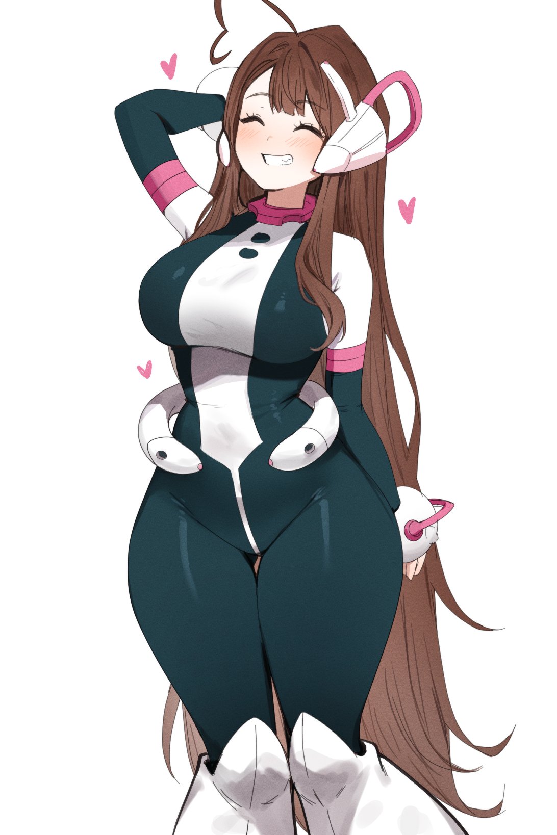 1girls, boku no hero academia, breasts, english text, female, female focus, female only, indie virtual youtuber, large breasts, light skin, light-skinned female, my hero academia, ochako uraraka, ochako uraraka (cosplay), ochako uraraka (hero outfit), original, sky (skyaboveme), skyaboveme, solo, text, thick thighs, thighs, virtual youtuber, white background, wide hips