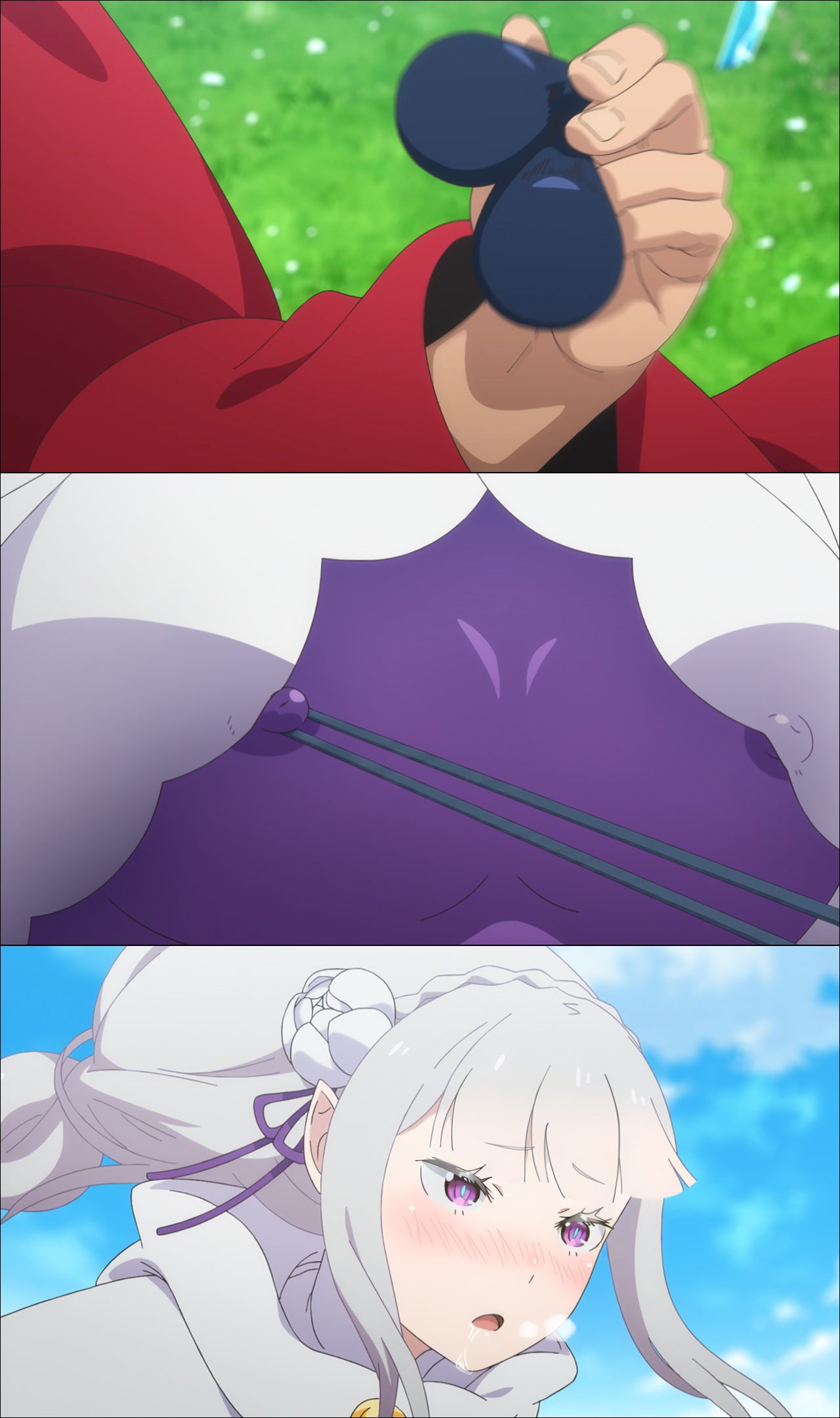 edit, emilia (re:zero), erect nipples, erect nipples under clothes, half-elf, half-elf female, light-skinned female, re:zero kara hajimeru isekai seikatsu, reid astrea (re:zero), sexual harassment, silver hair