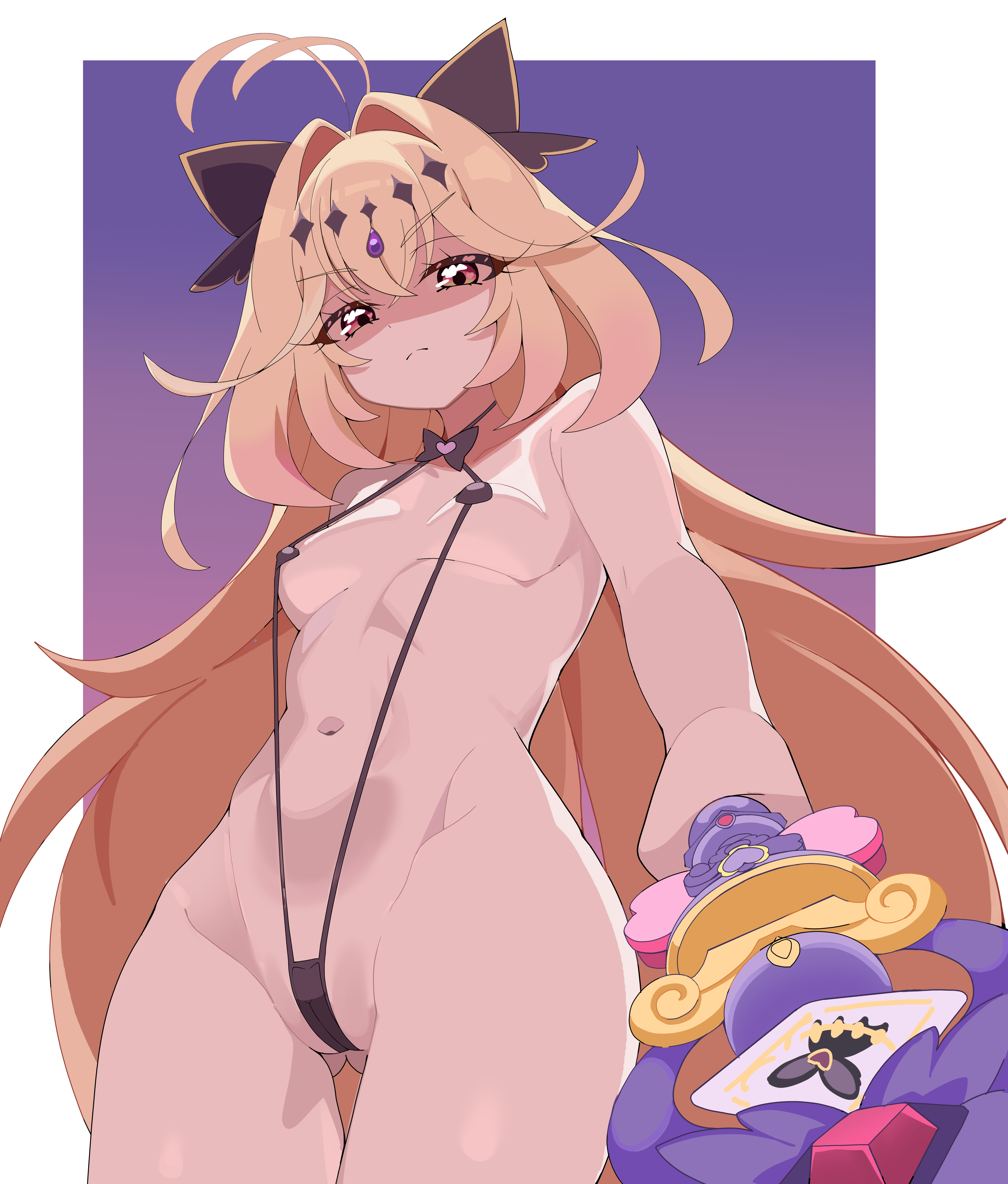 1girls, absurdres, antenna hair, bikini, black slingshot swimsuit, blonde hair, breasts, closed mouth, commentary request, cran berrie, cure arcana shadow, diamond hairband, female, from below, frown, gluteal fold, hair intakes, highres, holding, holding rod, long hair, looking at viewer, magical girl, meitantei precure!, micro bikini, moria luluka, navel, partially shaded face, precure, pretty cure, rod, slingshot swimsuit, small breasts, swimsuit, tear arcana rod, very long hair