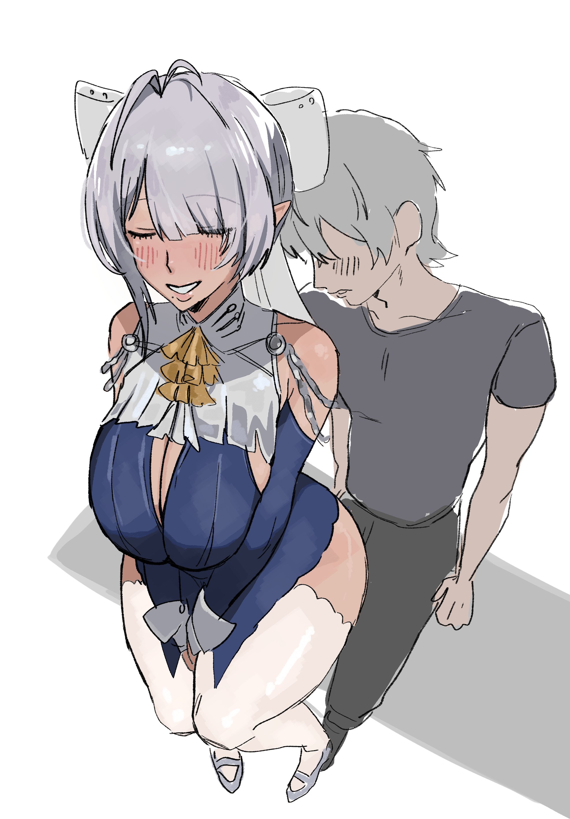 1girl, absurdres, blue dress, breasts, clothing cutout, commentary, deadloqk, dress, english commentary, grey hair, hair between eyes, hair ornament, hair over one eye, highres, large breasts, long hair, mole, mole under mouth, pointy ears, shirt, short hair, shoulder cutout, simple background, smile, velina airgid, white background, wise (zenless zone zero), zenless zone zero