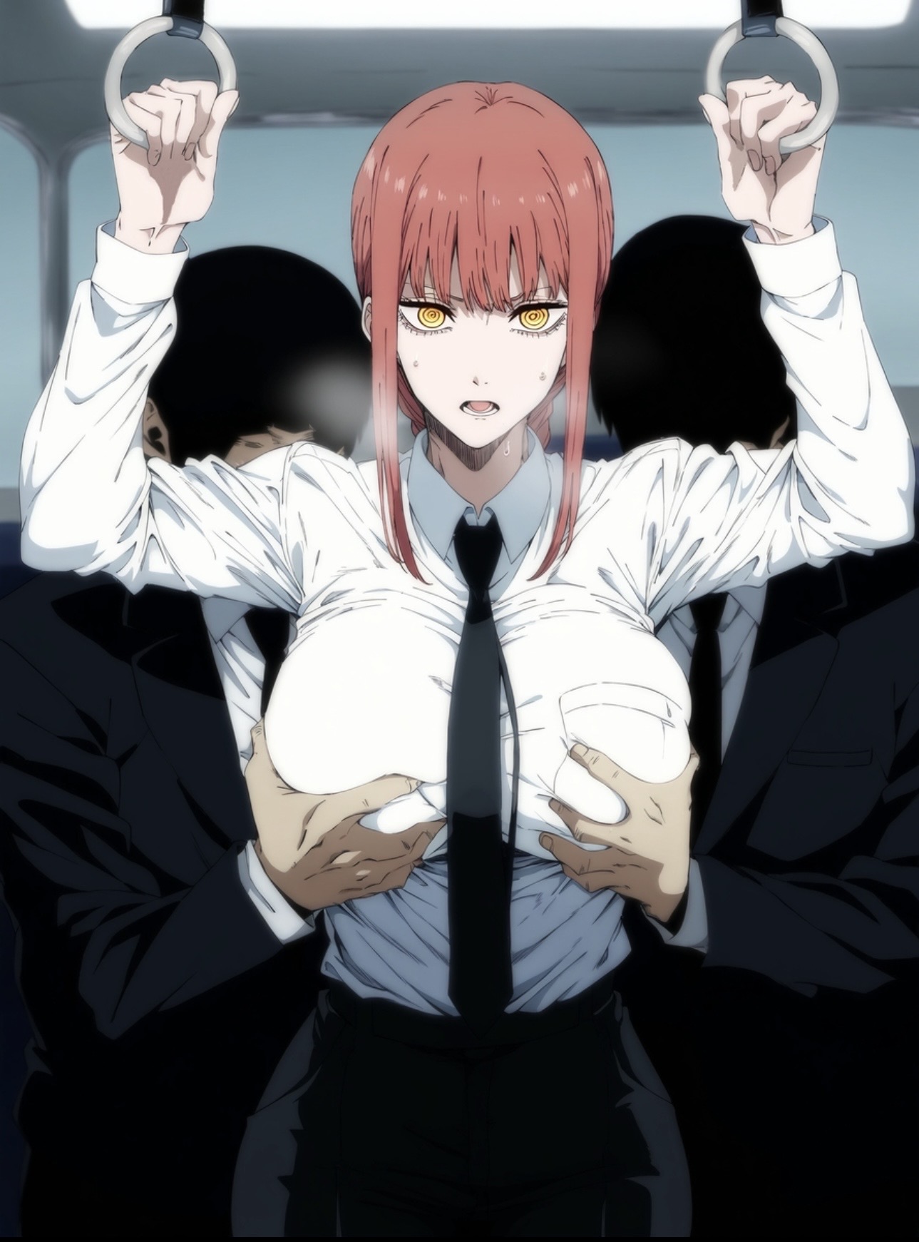2males, ai generated, big breasts, chainsaw man, grabbing breasts, gratefhosp, grope, groping breasts, groping from behind, makima (chainsaw man), molestation, molestation in public, molested, molesting, public humiliation, public indecency, public transportation, red hair, red hair female, sole female, tie, train interior