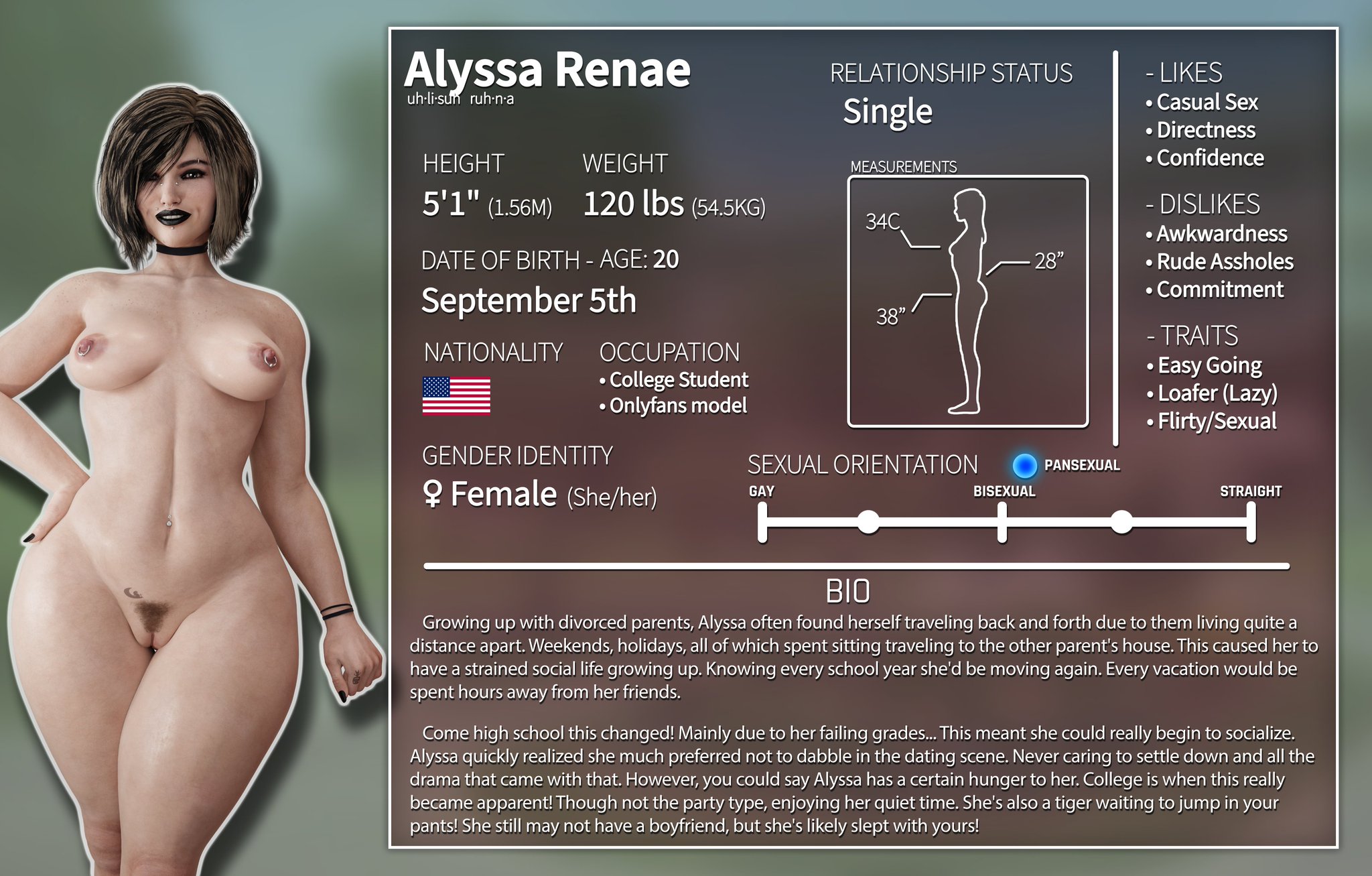 1girls, 3d, 3d (artwork), american, american flag, belly button piercing, bio, biography, black lipstick, brown hair, character sheet, choker, curvaceous, curvy, curvy figure, curvy thighs, dark hair, dinoboy555, dislikes, female, female focus, female only, hand on hip, height, likes, looking at viewer, measurements, multiple piercings, nipple piercing, nude, nude female, original, original character, painted nails, perky breasts, smile, solo, standing, supple breasts, tagme, text, three sizes, undertagged, wristband