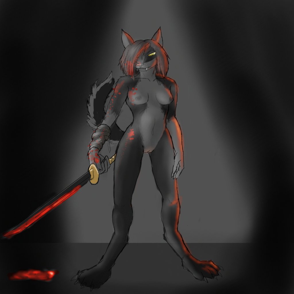 anthro blood blood_stain bloody_sword breasts color countershading feline female front_view furry grey_fur grey_hair grey_nipples guro hair kitten kittenj kittenjenkins looking_at_viewer nipples nude pointy_ears pussy raised_tail solo standing sword tail weapon yellow_eyes