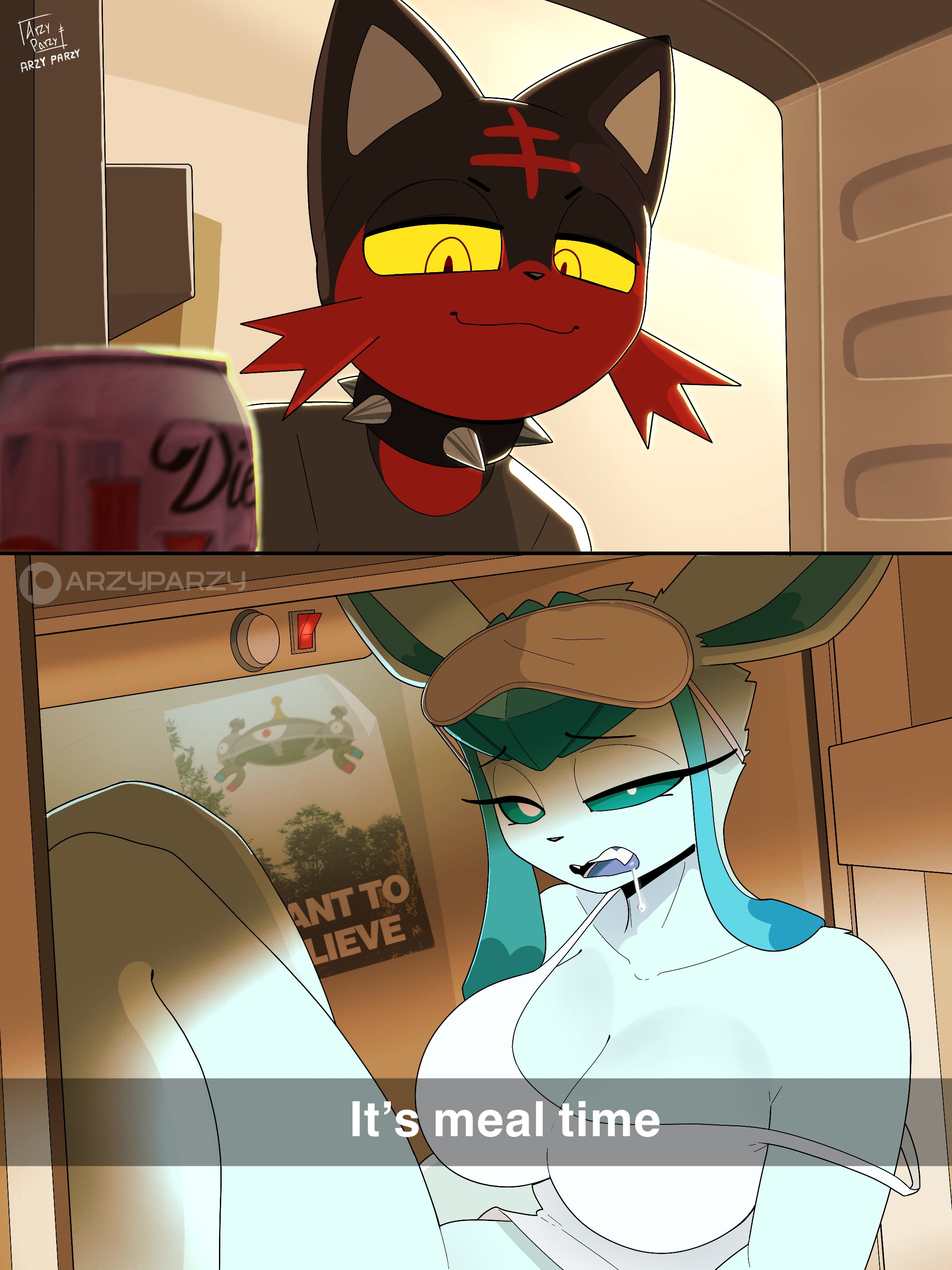 1boy, 1girl, 1girls, 2026, 2d, 2d artwork, anthro, anthro female, anthro focus, anthro male, artist logo, artist name, arzyparzy, big boobs, big breasts, big thighs, blue eyes, blue skin, boobs, bra, bra strap, bra strap down, bra strap slip, breasts, cat, cat boy, clothes, clothing, cute, digital drawing (artwork), digital media (artwork), drooling, eeveelution, female, female focus, female pokemon, fridge, game freak, generation 4 pokemon, generation 7 pokemon, glaceon, half naked, half nude, half-closed eyes, half-dressed, hi res, highres, hot, kitchen, kitchen background, litten, looking at viewer, magnezone, male, male focus, male pokemon, male/female, meal, nintendo, pokemon, pokemon (species), red body, red skin, sexy, sharp teeth, sitting, sleep, sleep mask, sleeping, sleeping mask, sleepy, soda, soda can, spiked collar, teeth, text, thighs, tongue, wake up, watermark, wholesome, yellow eyes