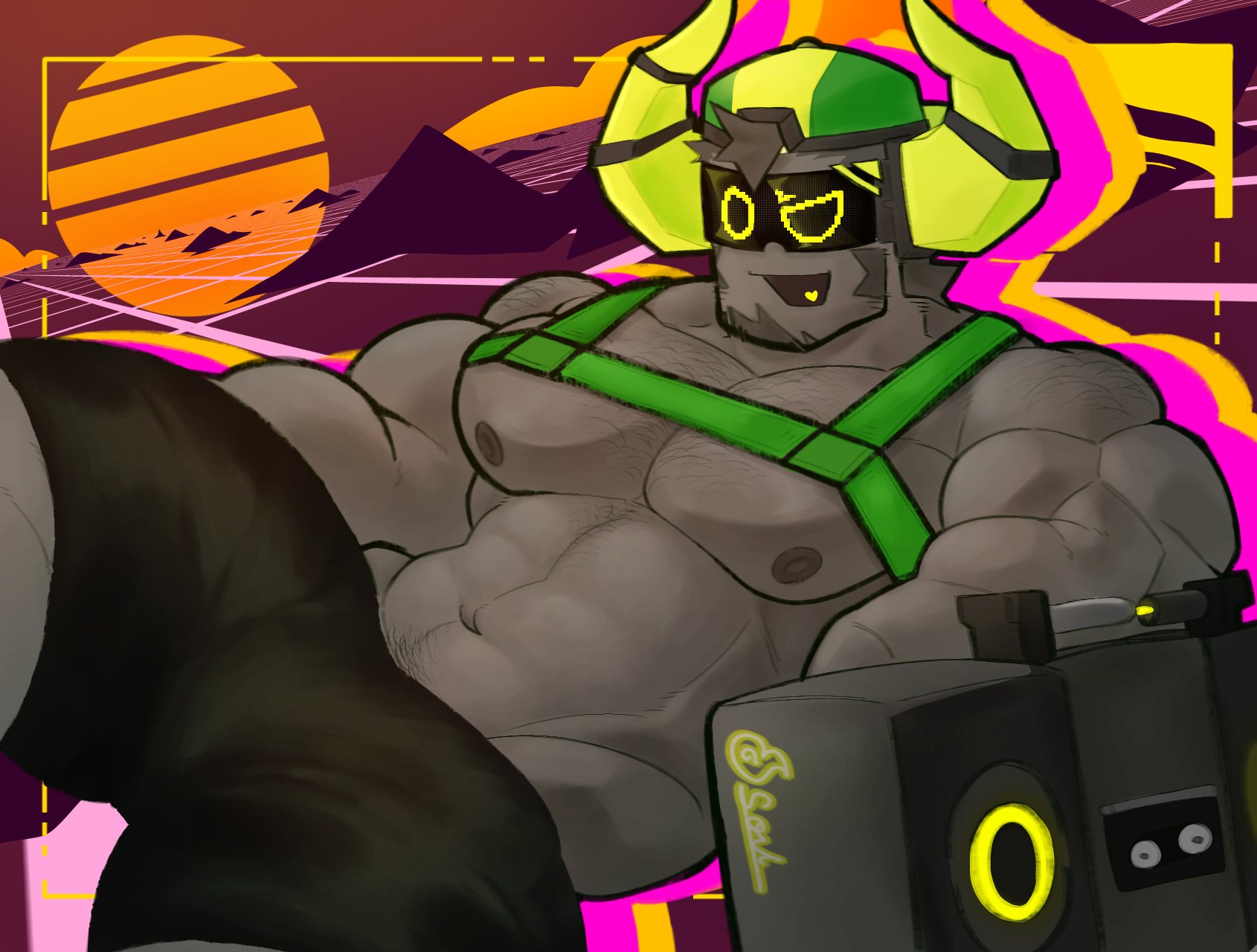 1boy, 1male, artist request, bara, bara tiddies, bara tits, black shorts, black underwear, boombox, boombox (phighting), daddy, facial hair, hair, hat, horns, inphernal, male, male only, nipples, no shirt, pecs, pectorals, phighting, roblox, roblox game, robloxian, smiling, solo, solo focus, solo male, source request, tiddies