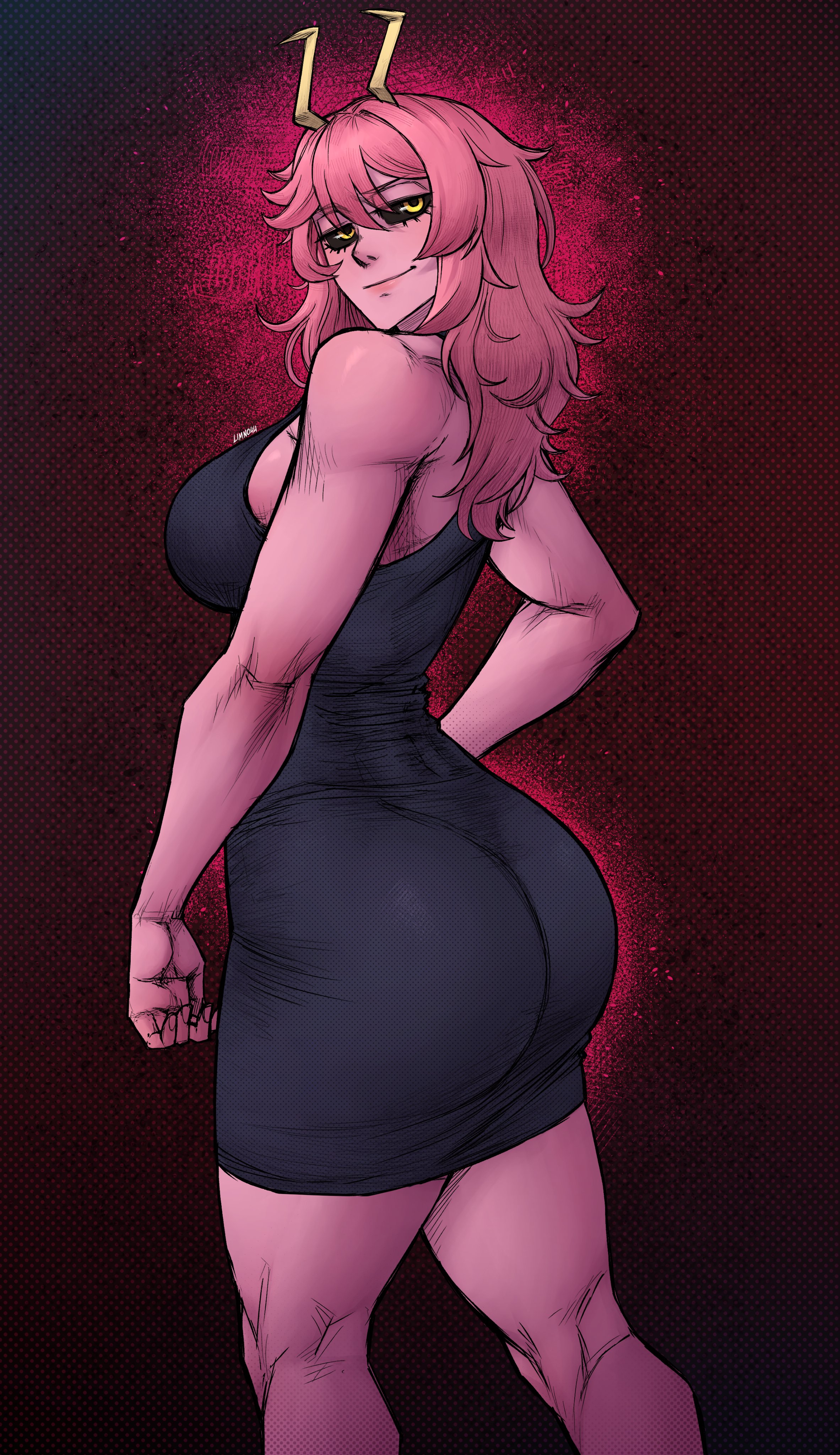 1girls, ashido mina time-skip, ass, boku no hero academia, dress, female, female focus, female only, large ass, limn044, long hair, mina ashido, mina ashido curvy (meme), mina ashido time-skip, my hero academia, my hero academia (finale), pink body, pink hair, post-timeskip, solo, thick thighs, thighs, wide hips