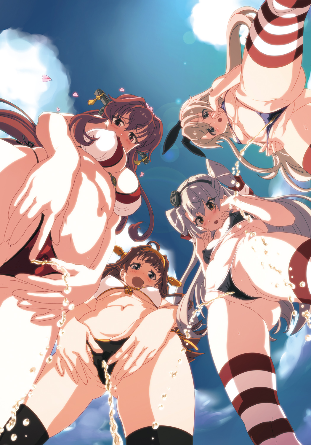 4girls amatsukaze_(kantai_collection) bikini from_below hamoto highres kantai_collection kongou_(kantai_collection) multiple_girls peeing pov shimakaze_(kantai_collection) swimsuit thighhighs yamato_(kantai_collection)