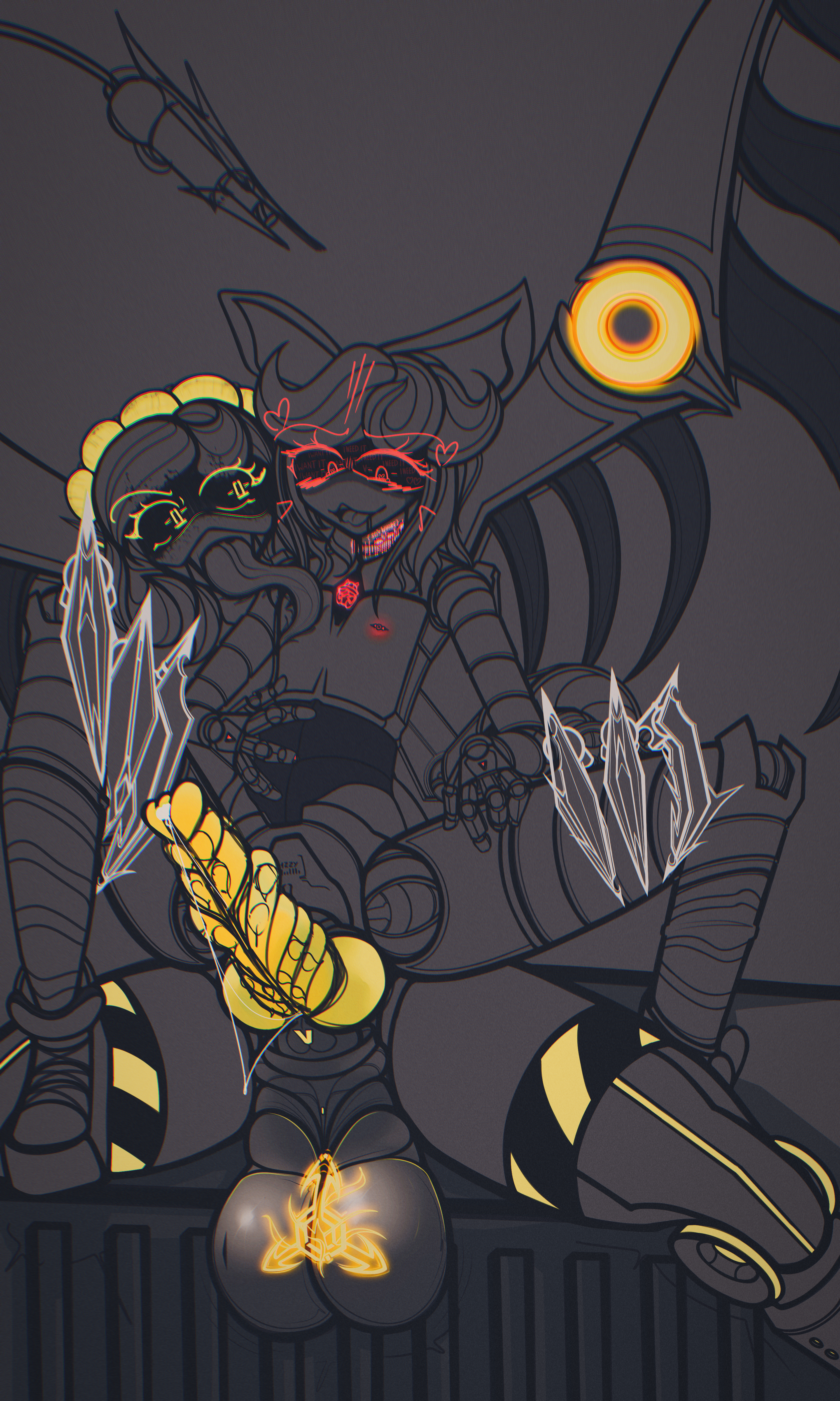 1futa1girl, big balls, big penis, chest, claws, collar, domination, futanari, glowing, hi res, holding belly, holding legs, knot, knotted penis, lizzy (murder drones), madlness, murder drones, nipple piercing, robot, robot girl, robot humanoid, simple background, smile, tail, tattoo, tongue, tongue out, v (murder drones), wanting sex, wings, wip, womb, womb penetration, yellow eyes