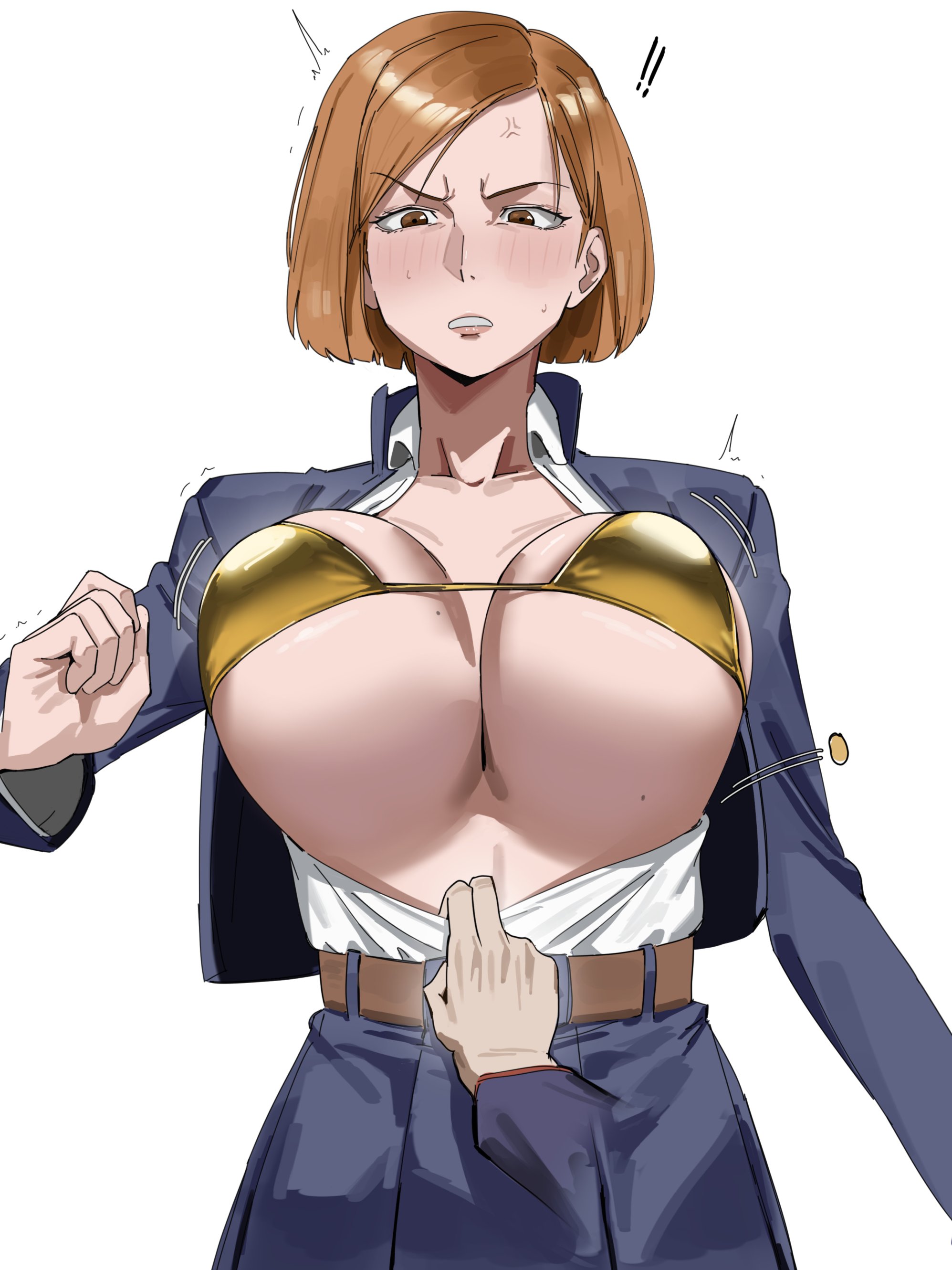 1girls, beauty mark, big boobs, big breasts, big tits, blush, boobs, breasts, breasts out, brown eyes, brown hair, button down shirt, buttons, clothed, clothing, ginger, ginger hair, gold bikini, golden bikini, golden week, itadori yuuji, jujutsu kaisen, kartistry, kugisaki nobara, large boobs, large breasts, large tits, light brown hair, nobara kugisaki, open clothes, open jacket, open shirt, opening shirt, pale skin, pale-skinned female, pulling clothing, shaking, shaking breasts, shocked, solo, solo focus, teenage girl, teenager, tits, titties, yuji itadori