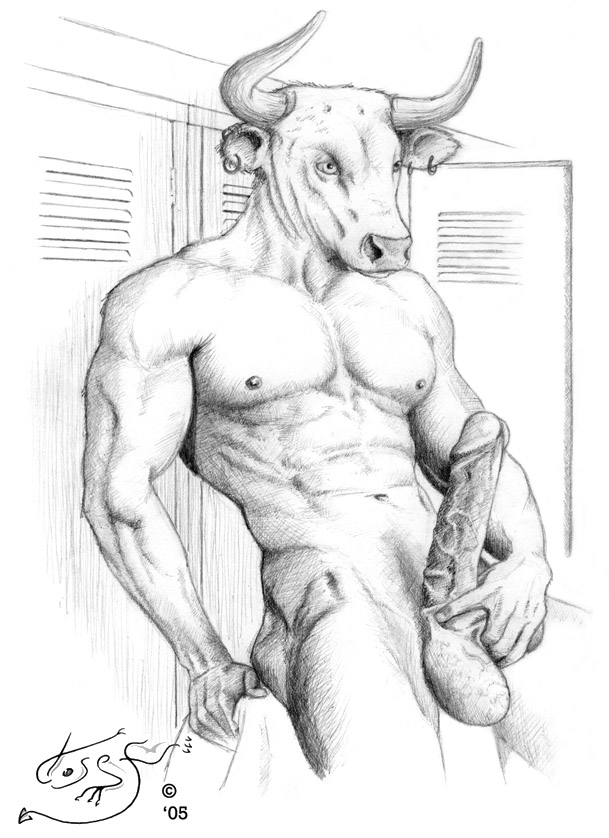 1boy balls black_and_white bovine bull ear_piercing earring erection josef_jones locker_room male male_only minotaur monochrome nude penis piercing sheath solo