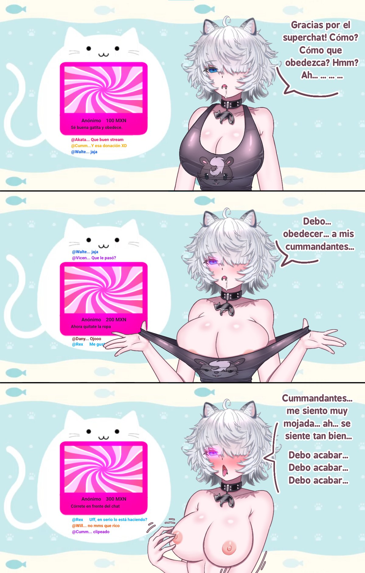 1girls, aibyte, alaplateada, animal ears, areolae, big breasts, blush, breasts, comic, comic page, female, female focus, gray hair, hypnosis, latam virtual youtuber, light skin, light-skinned female, nipples, short hair, spanish, spanish dialogue, spanish text, streaming, taiga shikikan, tail, virtual youtuber, vtuber