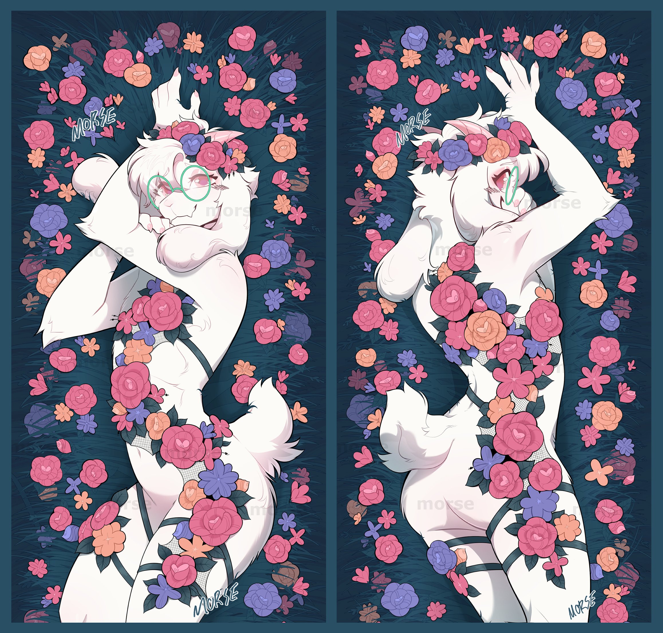 1boy, anthro, ass, bovid, caprine, deltarune, flowers, furry, glasses, goat, horns, looking at viewer, looking back, male, male only, myoukky, pink eyes, ralsei, smile, twink, undertale (series), white fur