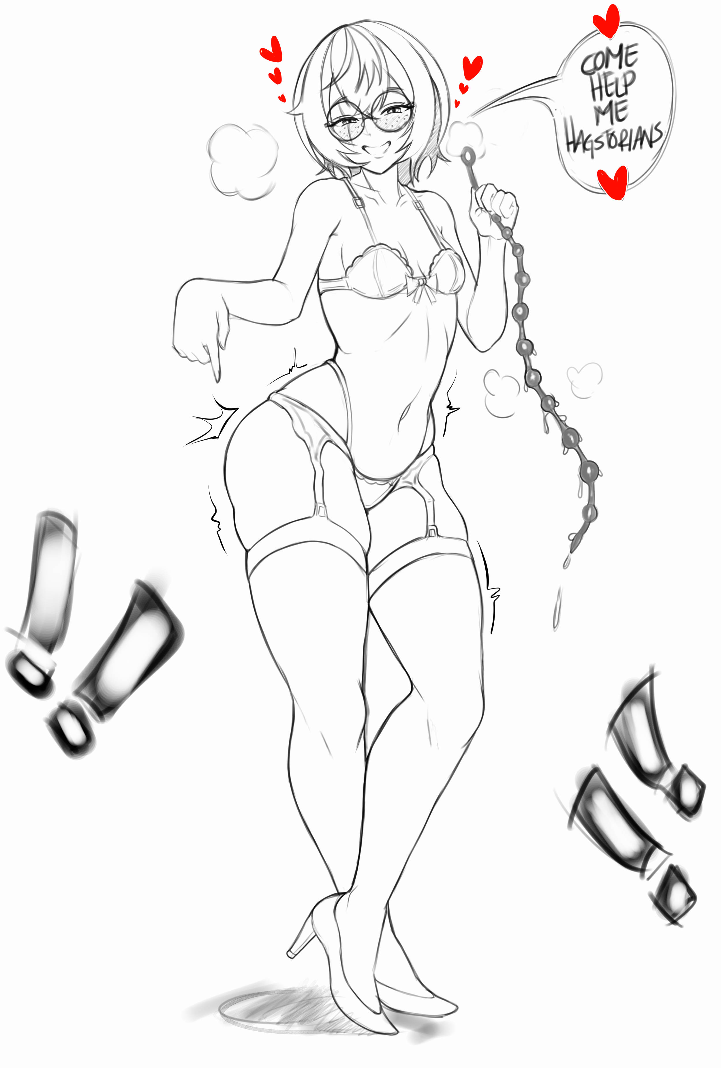 1girls, 2026, 2d, 2d (artwork), 2d artwork, anal beads, bra, clio aite, english, english text, exclamation point, female, female only, flat chest, flat chested, footwear, freckles, freckles on face, garter belt, garter straps, glasses, heart, heels, horny, horny female, lingerie, looking at viewer, navel, phase connect, phase invaders, phase invaders quest, scar, scar across eye, short hair, small breasts, solo, solo female, solo focus, takyon, talking to viewer, thick thighs, thighhighs, thighs, virtual youtuber