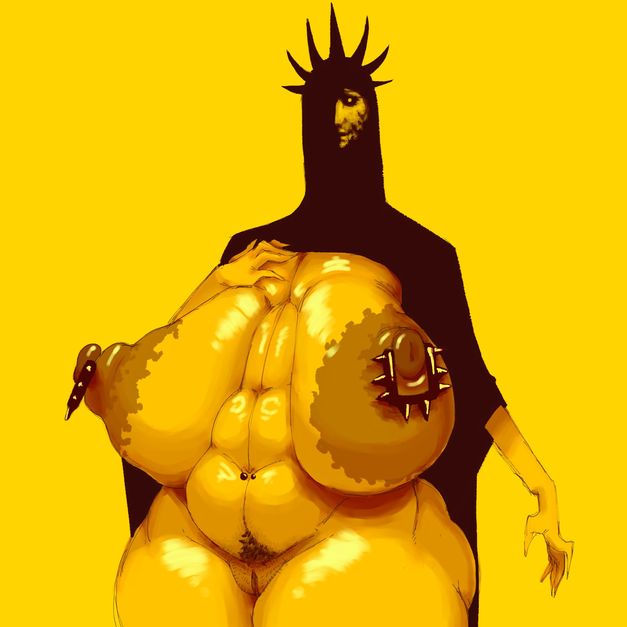 1girls, 2026, areolae, ass, big areola, big ass, big breasts, big nipples, breasts, brown areola, brown nipples, eldritch, eldritch abomination, eldritch being, eldritch horror, female, female focus, female pubic hair, front view, gigantic breasts, happy trail, huge areolae, huge ass, huge boobs, huge breasts, huge butt, huge thighs, huge tits, king in yellow, large areolae, large ass, large breasts, large butt, looking at viewer, navel piercing, nightmare waifu, nipple handles, nipple piercing, nipple piercings, nipple rings, nipples, realistic, rule 63, scary face, solo, solo focus, spiked nipple piercing, tellmeyeid, the king in yellow, uncanny valley, yellow background, yellow body