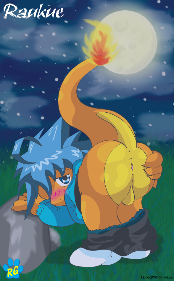 1boy 2006 anus balls charmander fire male male_only moon mooning night nintendo outdoors pokémon_(species) pokemon pokemon_rgby presenting raukue solo tail tail_fire