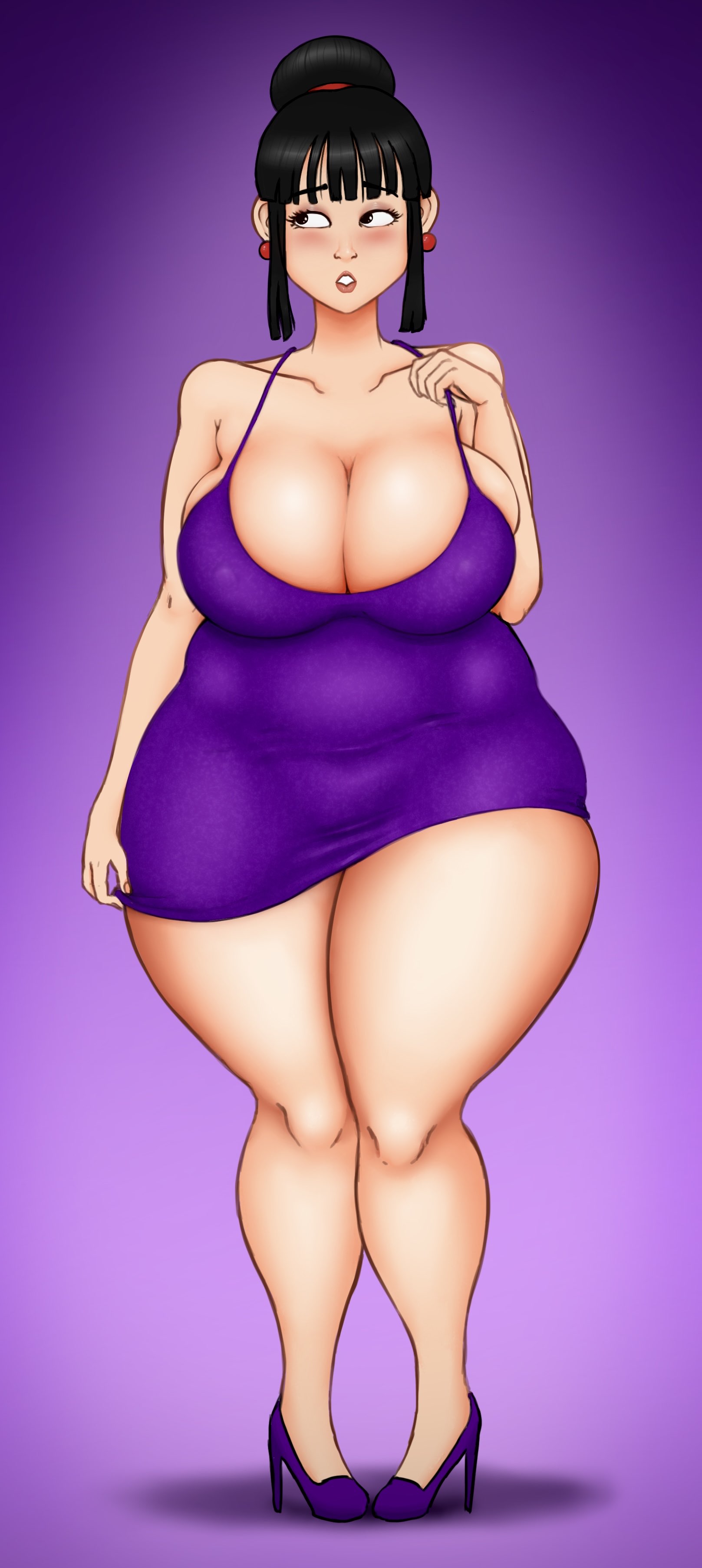 1girl, 1girls, 2d, anime, asian female, big boobs, big breasts, big tits, black hair, blush, blushing, chichi, child bearing hips, curvaceous, curvy, curvy figure, digital drawing (artwork), dragon ball, dragon ball super, dragon ball z, dress, earrings, formal, formal wear, gilf, grandmother, hair bun, heels, hi res, high heels, hips, hourglass figure, looking away, m115, milf, mother, purple dress, shy, simple background, solo, solo female, thick, thick thighs, tight clothing, tight dress, tight fit, voluptuous, wide hips