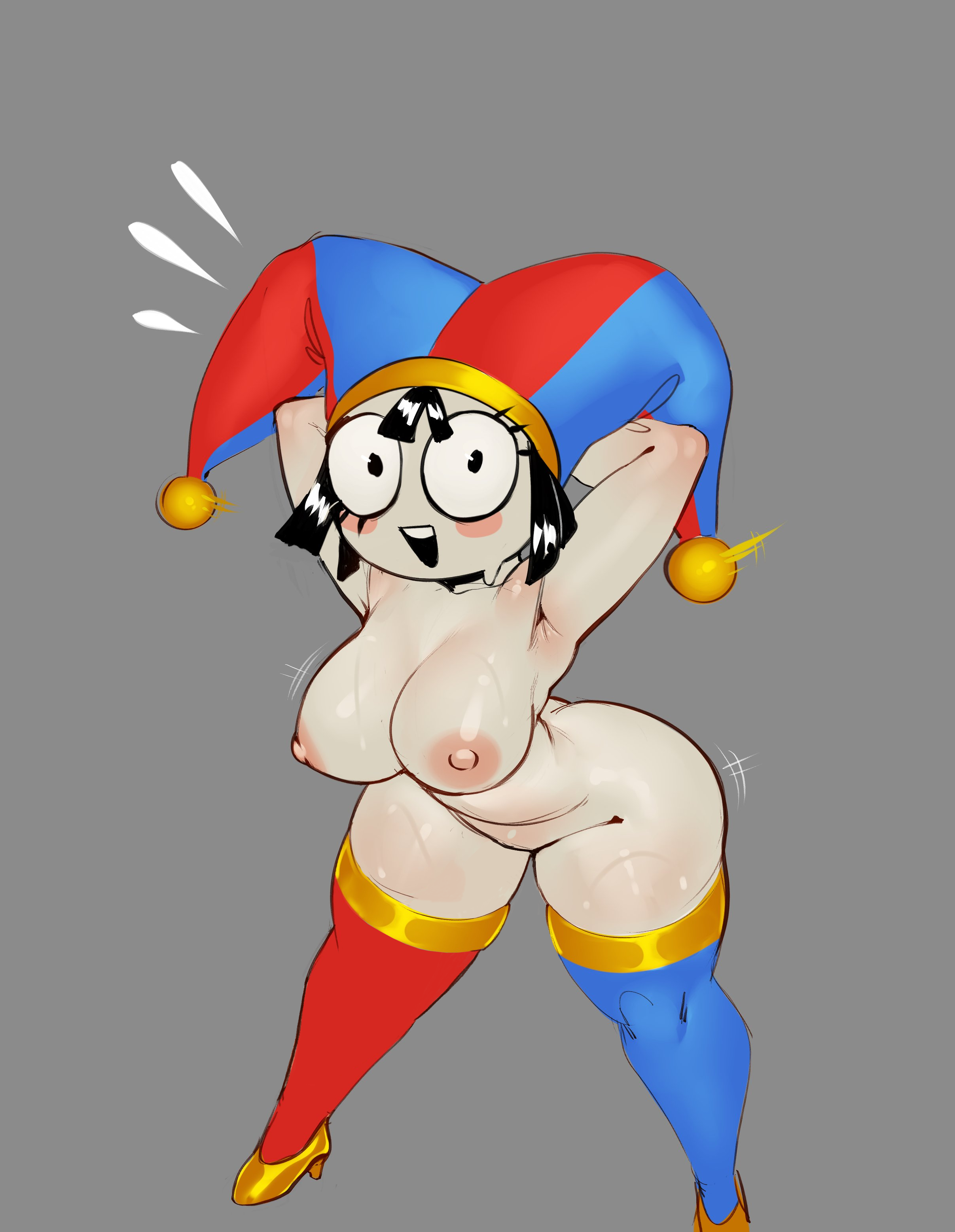 1girls, 2026, 2d, 2d (artwork), 2d artwork, areola, areolae, armpits, arms behind head, arms up, ass, bangs, belly, big ass, big breasts, big butt, big thighs, black eyes, black hair, blush, breasts, curvaceous, curvaceous female, curvaceous figure, curvy, curvy body, curvy female, curvy figure, curvy hips, edit, edited, female, female only, full body, genitals, hi res, high heels, highres, jester, jester hat, jiggle, jiggling ass, jiggling breasts, large breasts, large thighs, leggings, legwear, lewdstuff, light skin, light-skinned female, looking at viewer, midriff, naked, naked female, nipples, nude, nude female, nudity, pale skin, pale-skinned female, pomni, pomni (the amazing digital circus), short hair, shortstack, smile, smiling, smiling at viewer, solo, solo female, stockings, stomach, sweat, sweatdrop, sweating, sweaty, sweaty body, sweaty breasts, sweaty thighs, the amazing digital circus, thick, thick ass, thick hips, thick legs, thick thighs, thigh highs, thighhighs, thighs, voluptuous, voluptuous female, white body, white skin