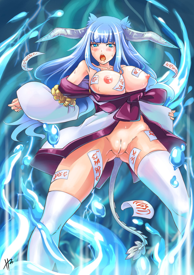 blue_eyes blue_hair blush breasts breasts_out female hm_(hmongt) horns long_hair monster_girl nipples original pussy solo sweat tail talisman thighhighs uncensored