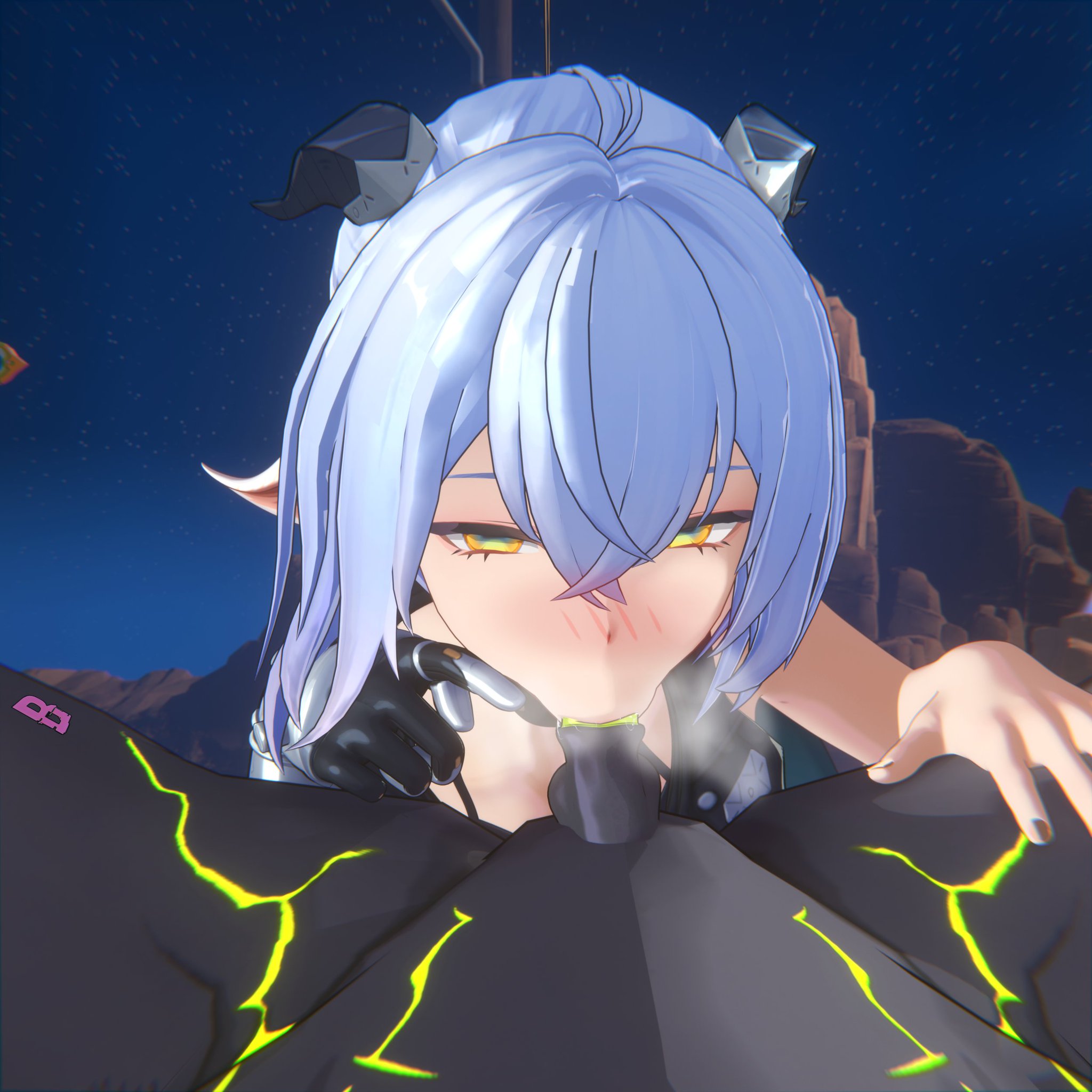 :>=, 1girls, 2026, 3d, 3d (artwork), 3d model, blowjob, blowjob face, blowjob only, blue hair, blush, blushing, burryfuzz, creature, elf ears, ethereal (zenless zone zero), fellatio, female, female focus, feral pov, green penis, horn, horns, horny, horny female, hoyoverse, lidded eyes, light skin, light-skinned female, looking at viewer, loving it, lucia elowen, male, male/female, mihoyo, monster, monster cock, monster on female, oral, oral penetration, oral sex, penis, penis in mouth, penis out, pointy ears, pov, steam, zenless zone zero