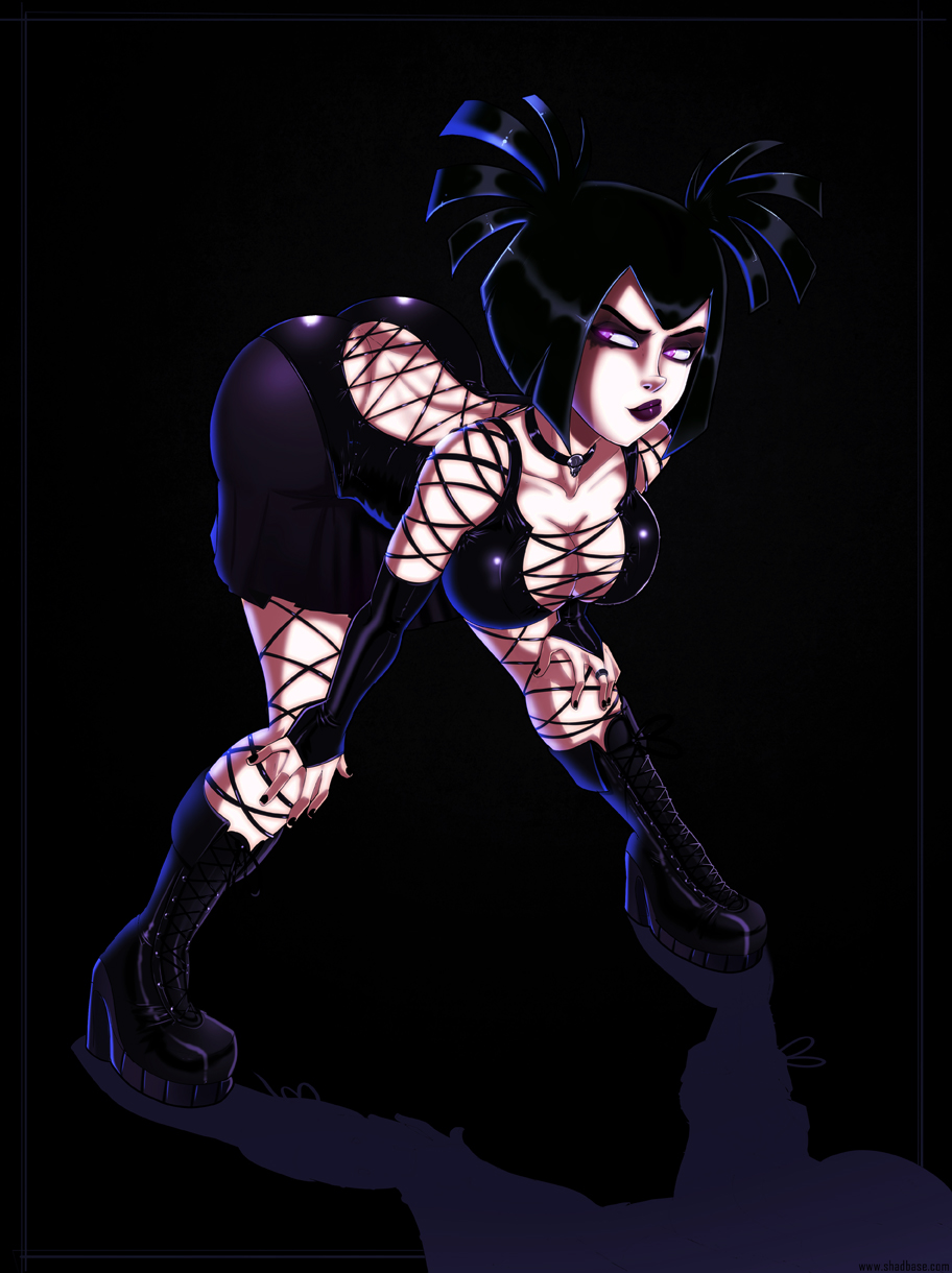 ass, ass cleavage, ass crack, ass in dress, black boots, black hair, black lipstick, boots, breasts, butt crack, choker, cleavage, collar, danny phantom, dress, female, female only, fingerless gloves, fishnet, fuck me boots, gloves, goth, gothic, high heel boots, high heels, human, purple eyes, ring, sam manson, shadman, solo
