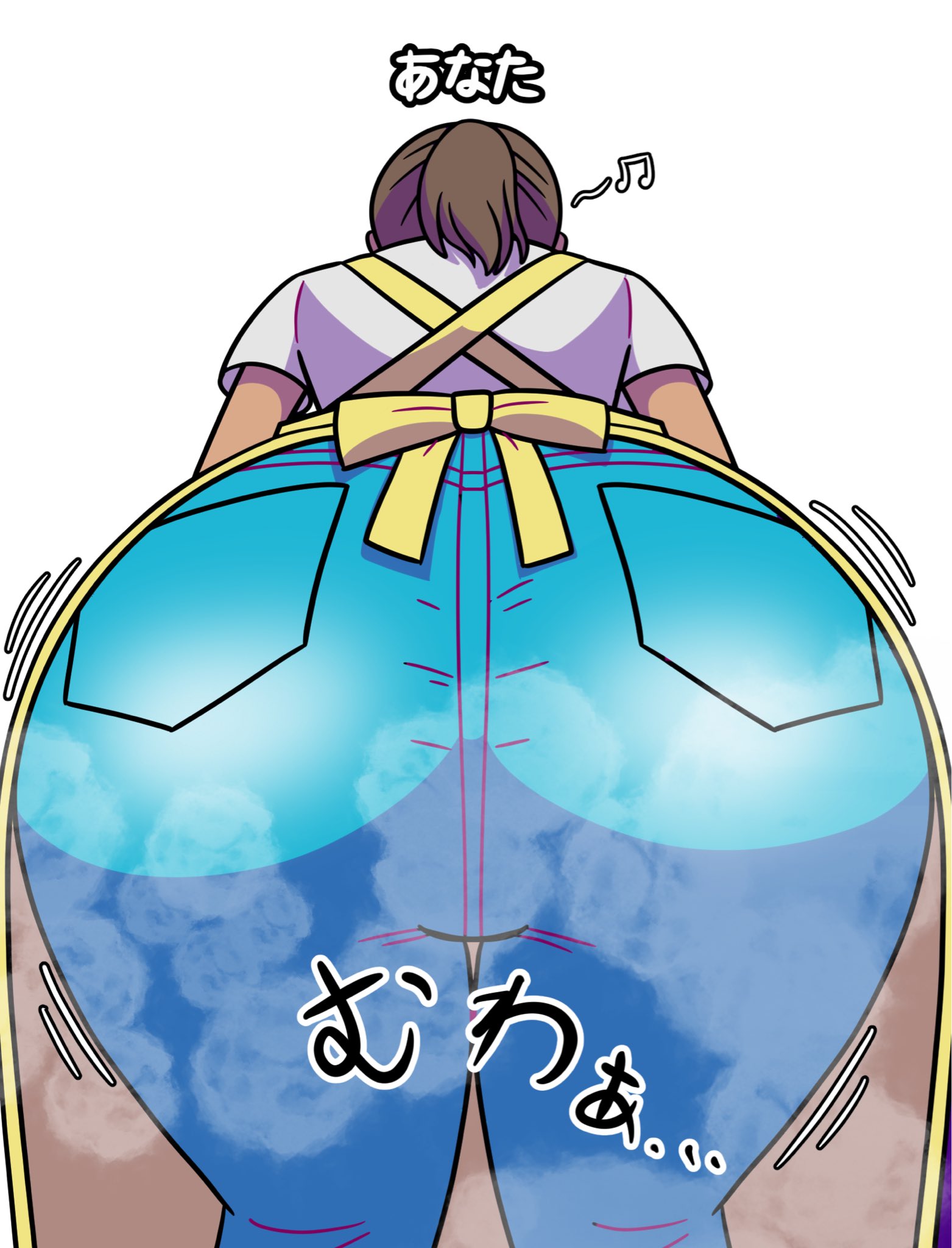 1girls, apron, artist request, ass, ass focus, back view, brown hair, huge ass, japanese text, large ass, musical note, ponytail, rhythm heaven, rhythm heaven groove, rhythm tengoku, sachiko diamond, singing, wide hips