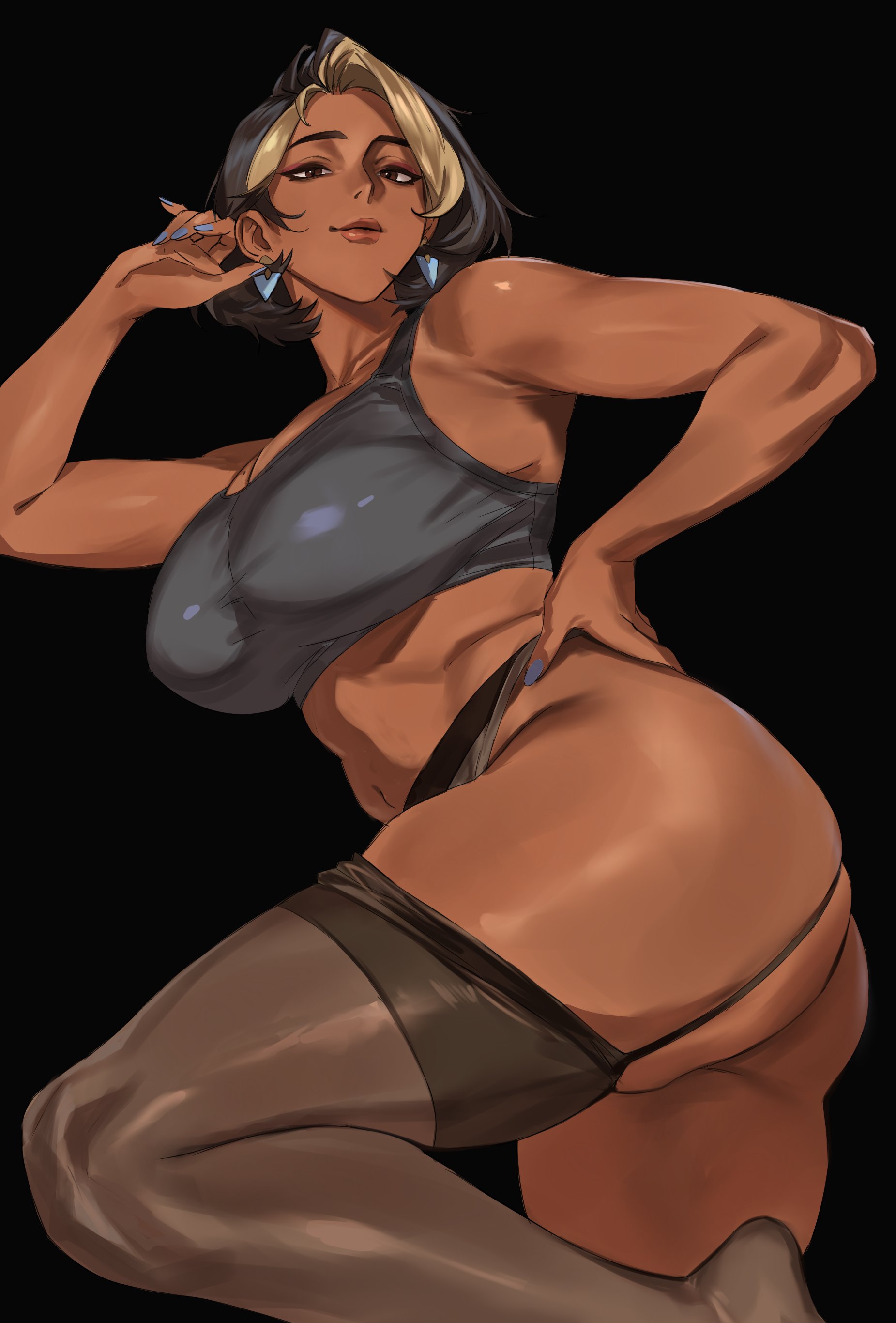 ass, beautiful, beautiful woman, beauty mark, big ass, big breasts, black hair, blonde hair, blue nails, breasts, cleavage, clothed, dat ass, domina, down angle, enargeia, fat ass, large ass, large breasts, legs up, legwear, lingerie, looking at viewer, looking down, low-angle view, mature woman, midriff, midriff baring shirt, overwatch, painted nails, see-through stockings, solo, solo female, solo focus, sports bra, taiyang yu, tan body, tan skin, thick thighs, thighhighs, thighs, tights, tummy, voluptuous woman