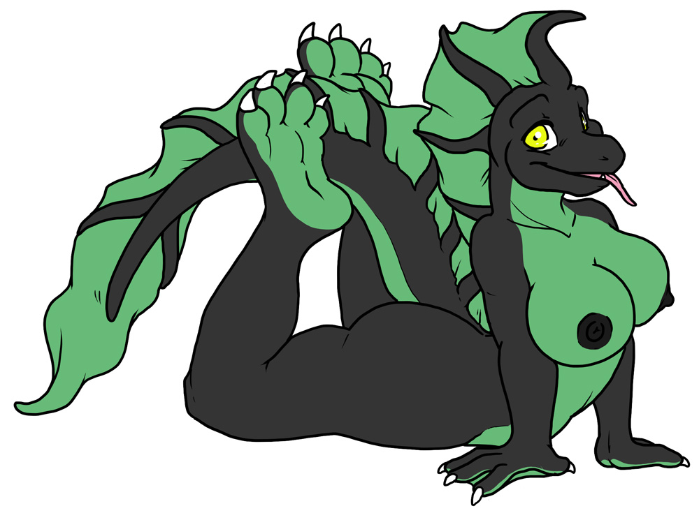 black breasts claws dragon dragoness female green hindpaw muzz nude original original_character pose scalie solo syzygy tongue_out webbed_hands yellow_eyes