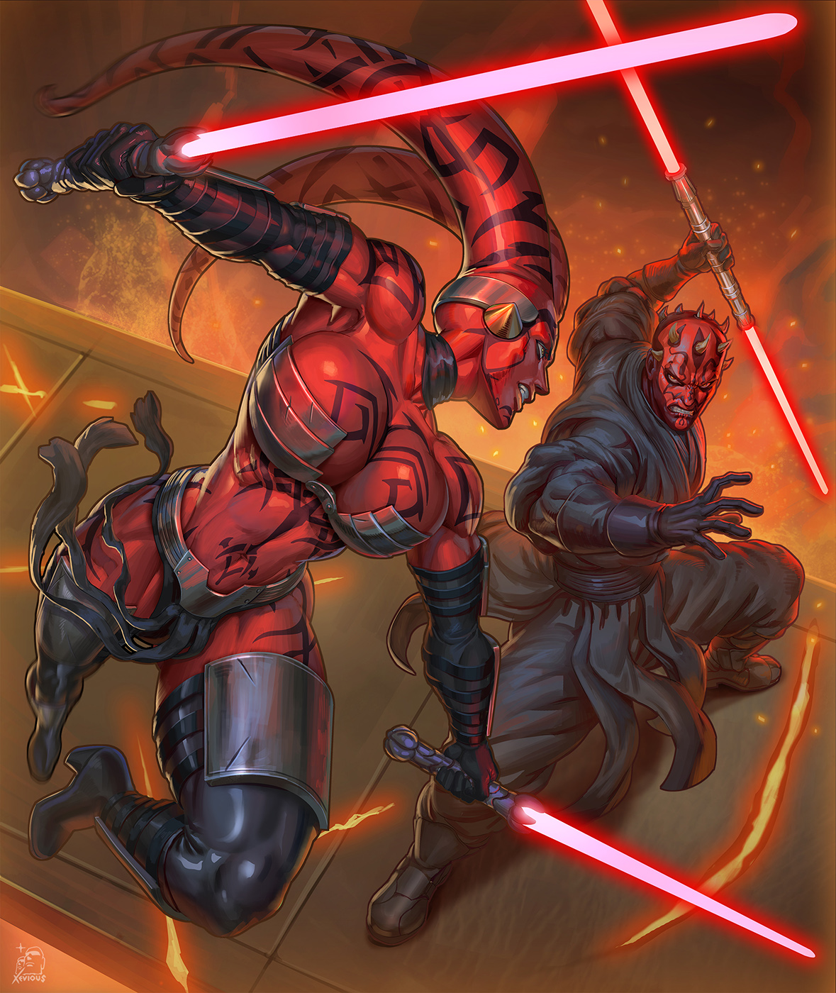big breasts, black boots, boots, darth maul, darth talon, dual-bladed lightsaber, elbow gloves, fight, fit, gloves, good artwork, high heel boots, lightsaber, muscle tone, red lightsaber, sith, star wars, thigh boots, toned body, twi'lek, xeviousg, zabrak