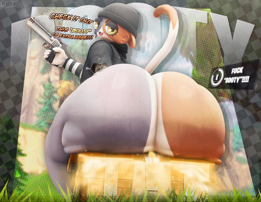 3d, anthro, anthro only, ass, bottomless, calico cat, cindablimp, domestic cat, english text, epic games, felid, feline, felis, fortnite, huge ass, mammal, meow skulls (fortnite), no panties, perros god, solo, solo female, tagme, tail, text, treasure chest, weapon