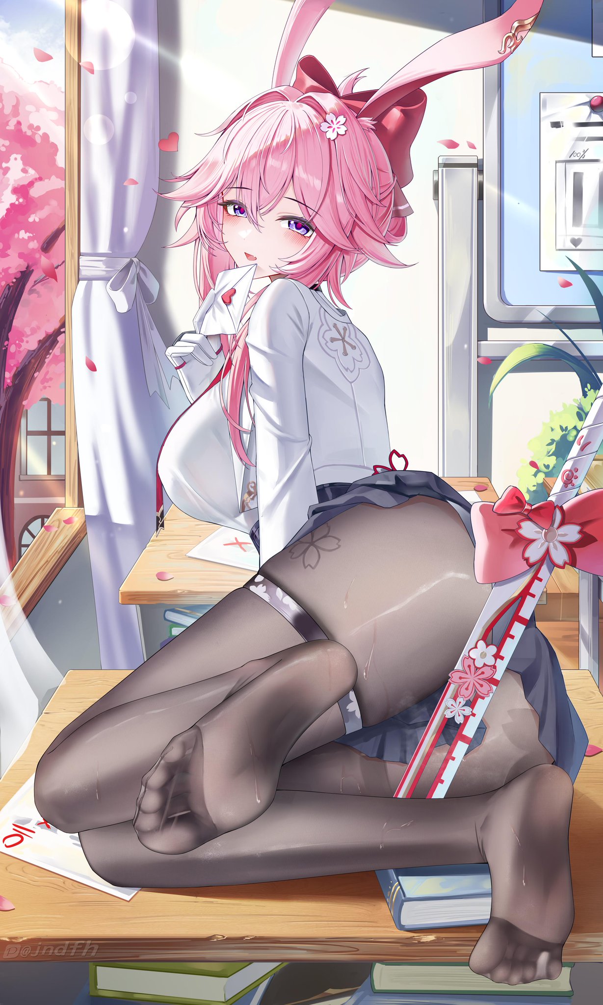 absurdres, ass, black pantyhose, blue skirt, book, breasts, brown pantyhose, censored, cherry blossoms, classroom, desk, evanescia (honkai: star rail), falling petals, female, gloves, highres, holding, holding letter, honkai (series), honkai: star rail, indoors, jndfh, large breasts, letter, looking at viewer, measuring stick, on desk, pantyhose, petals, pink hair, pink petals, purple eyes, school desk, school uniform, shirt, skirt, soles, solo, thigh strap, toes, variant set, white gloves, white shirt