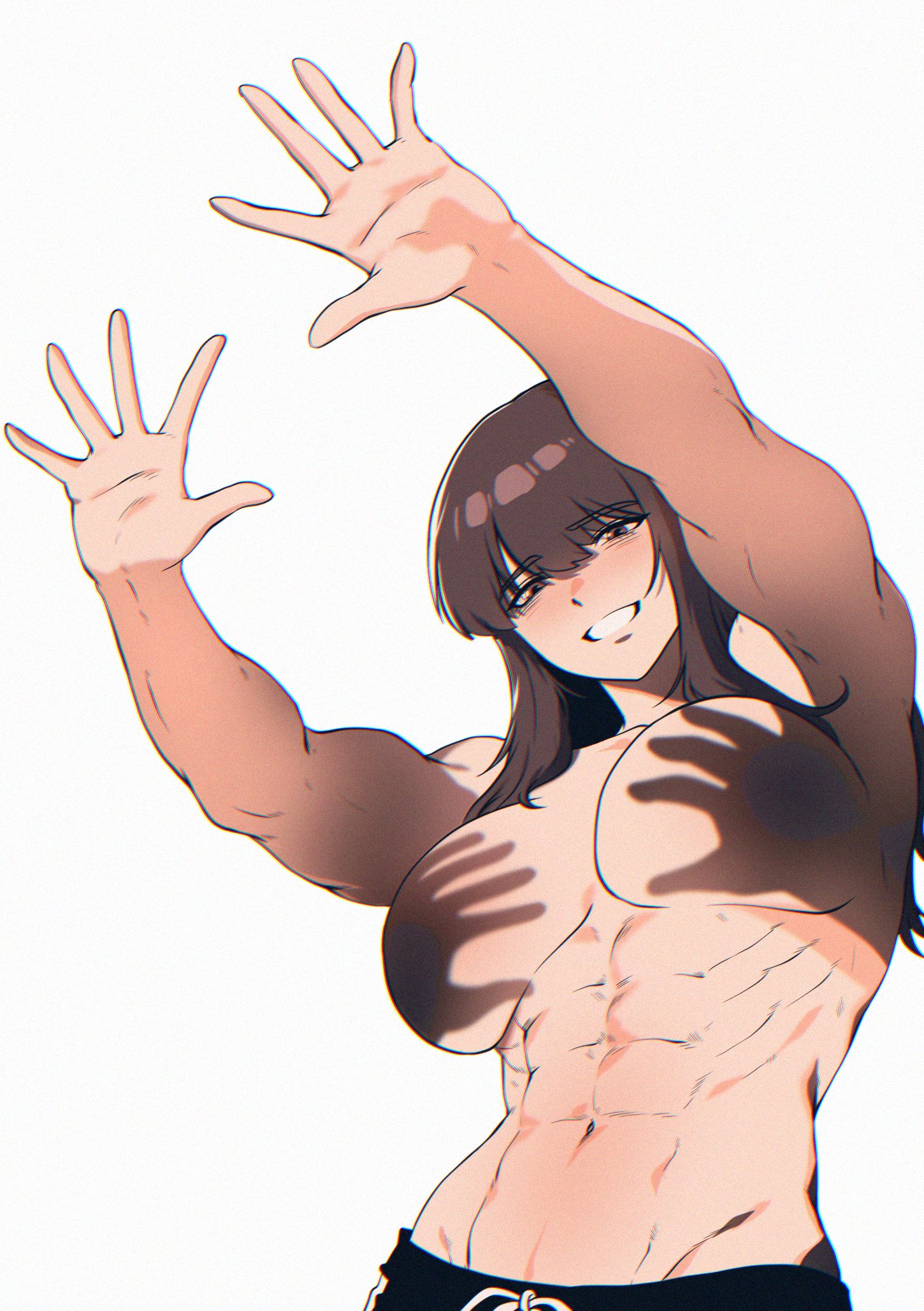 1girls, abs, arms up, breasts, brown eyes, brown hair, choi jinseon (spoiledmuffin), grin, hair between eyes, hand shadow covering breasts (meme), hands casting shadow, hi res, large breasts, long hair, looking at viewer, meme, muscular, muscular female, navel, obliques, original, round eyewear, shadow, simple background, smile, solo, spoiledmuffin, topless female, upper body, variant set, white background