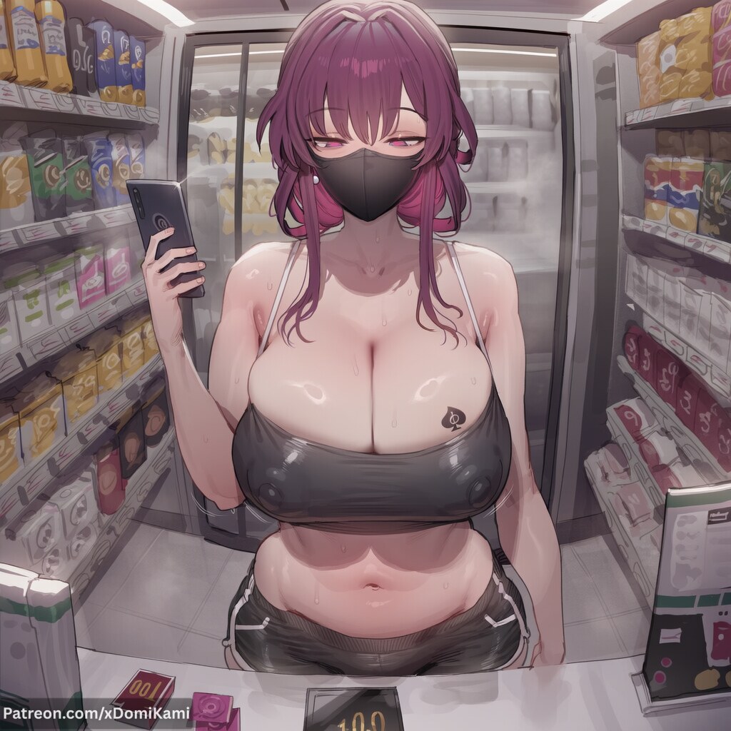 1boy, 1girl, 2026, 2d, absurd res, absurd resolution, absurdres, ai generated, alternate costume, bare shoulders, black shorts, breasts, cellphone, cleavage, collarbone, condom, condom box, condom wrapper, covered nipples, crop top, food, hi res, high quality, high resolution, highres, holding, holding phone, honkai: star rail, hoyoverse, huge breasts, image, indoors, kafka (honkai: star rail), large breasts, long hair, looking at viewer, mask, midriff, mihoyo, mihoyo technology (shanghai) co. ltd., mouth mask, navel, netorare, ntr, patreon, patreon username, phone, purple eyes, purple hair, queen of spades, shop, short shorts, shorts, smartphone, solo, standing, stomach, sweat, tattoo, uncensured, watermark, xdomikami