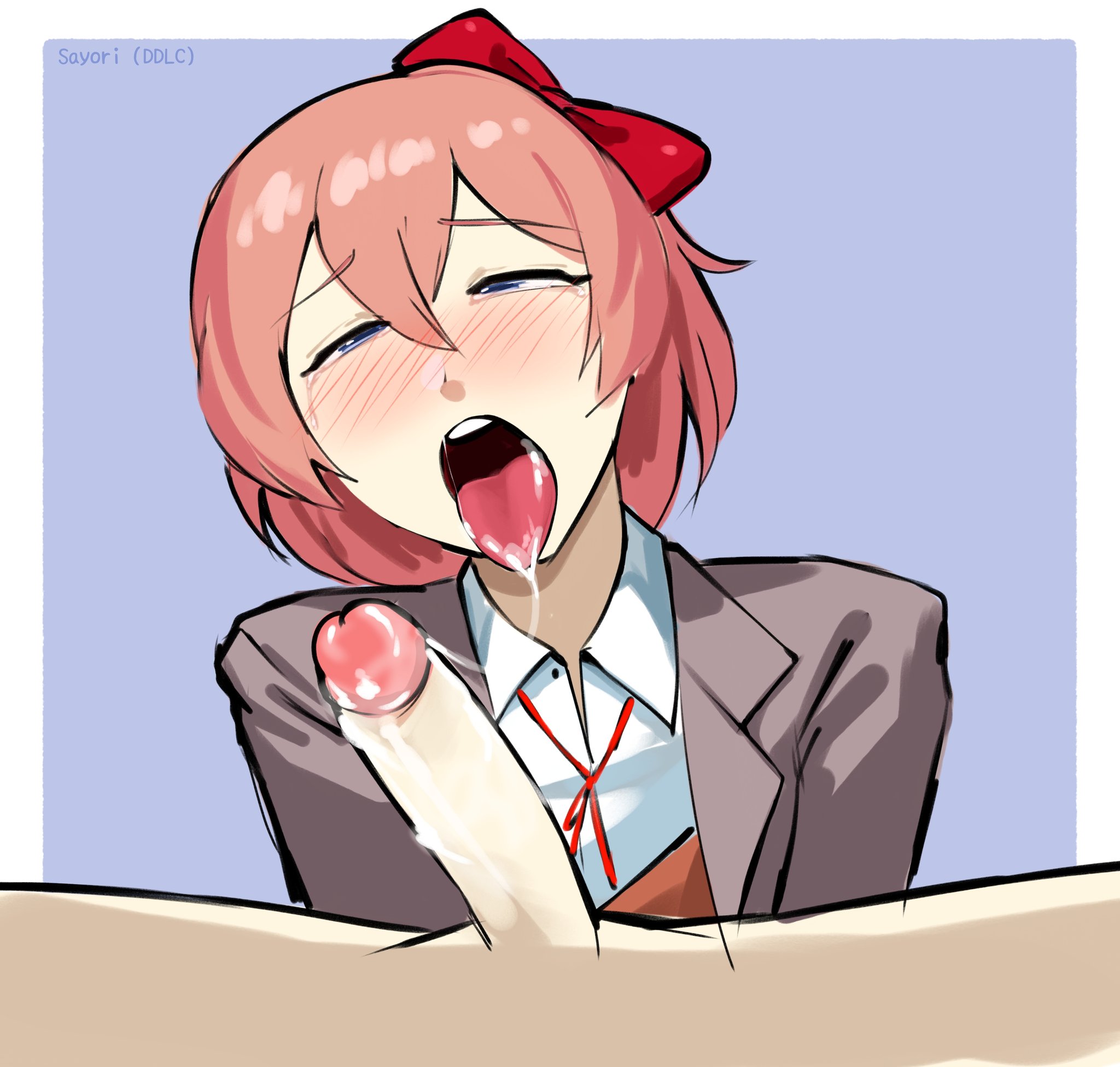 , 1boy, 1girls, after fellatio, after oral, cum, doki doki literature club, female, light skin, light-skinned female, male, sayori (doki doki literature club), school uniform, triplestabber