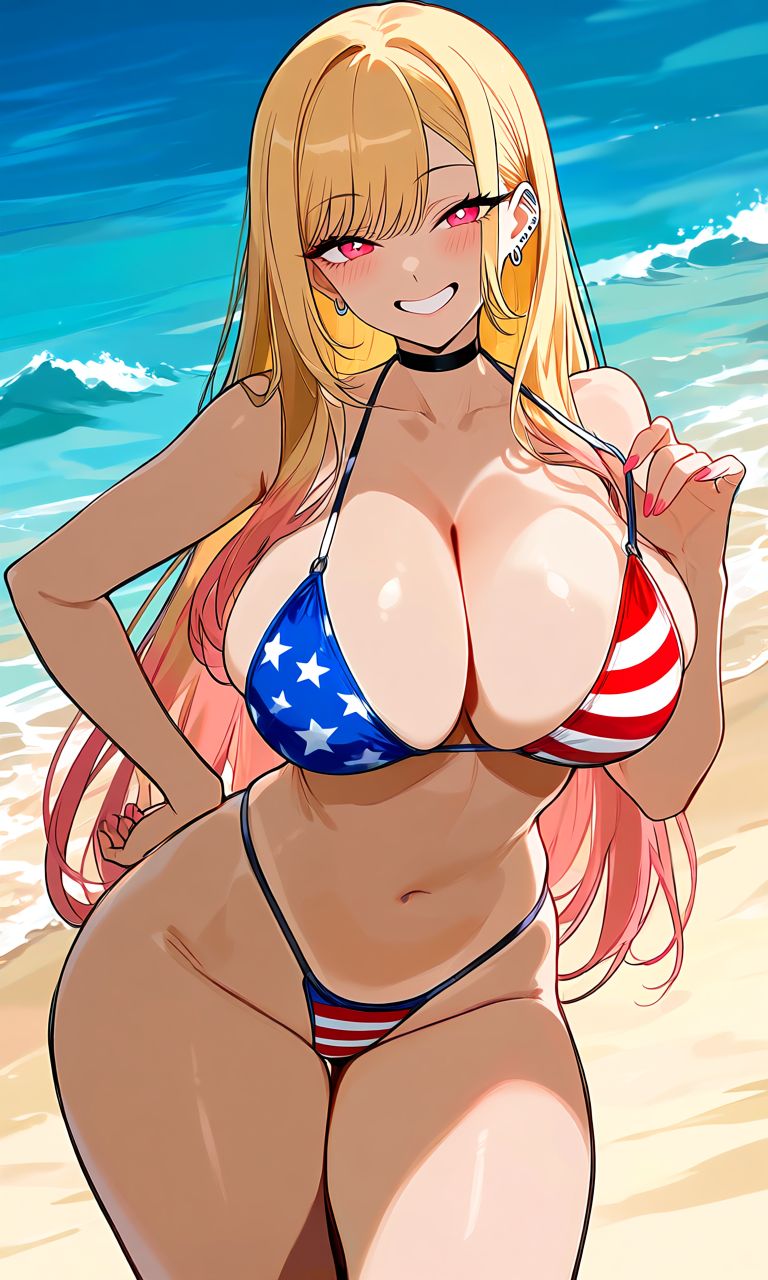 1girls, ai generated, american flag bikini, beach, big breasts, bikini, curvy, curvy body, curvy female, curvy figure, female, female only, huge breasts, kitagawa marin, large breasts, light skin, light-skinned female, looking at viewer, mature female, micro bikini, schoolgirl, shao145, shiny skin, solo, solo female, sono bisque doll wa koi wo suru, standing, tanned, tanned female, tanned skin, teasing, teasing viewer, teenage girl, teenager