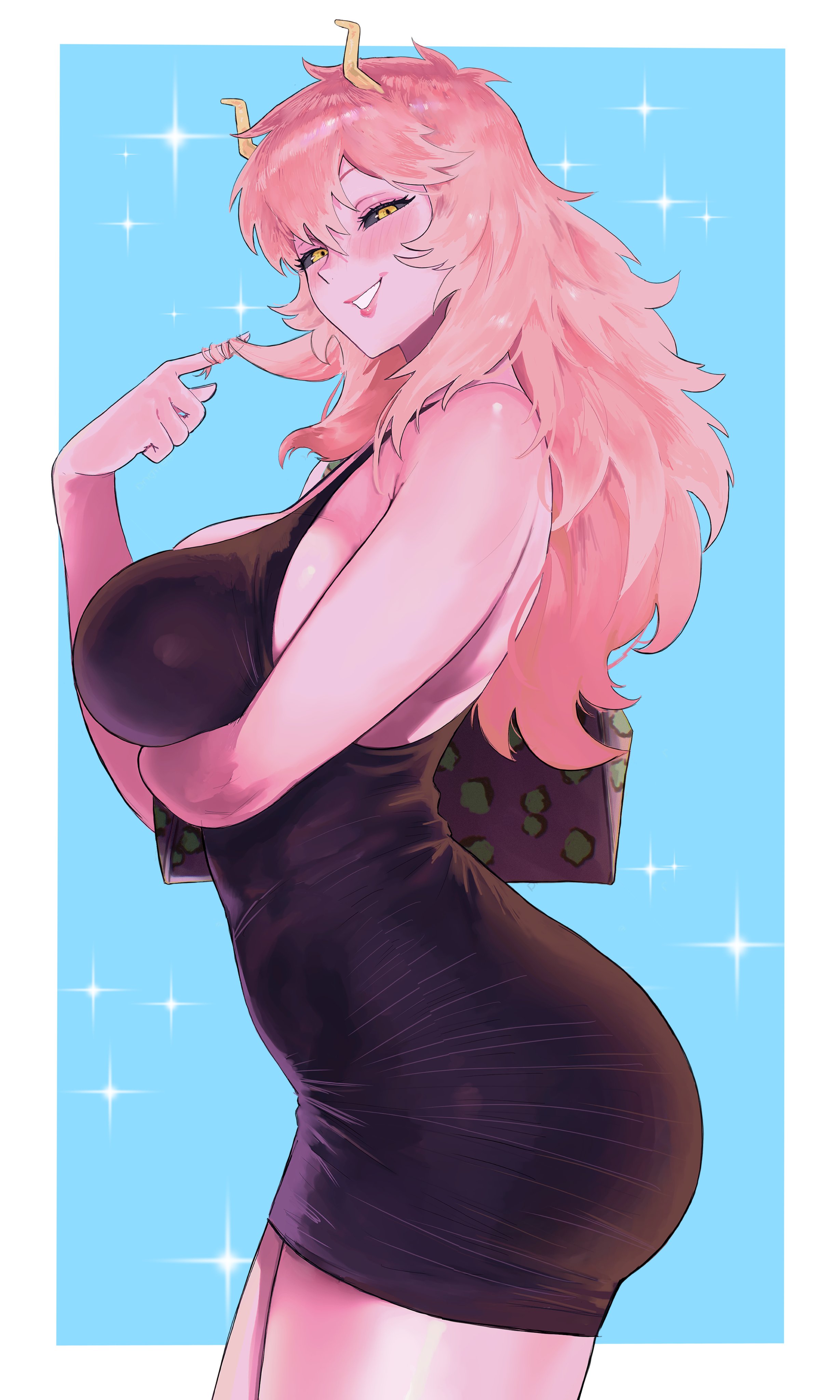 1girl, 1girls, absurdres, ashido mina, ashido mina time-skip, black dress, black sclera, blush, boku no hero academia, border, breasts, carlx945380, colored sclera, colored skin, cowboy shot, curvy, dress, grin, highres, horns, large breasts, long hair, looking at viewer, mina ashido, mina ashido time-skip, my hero academia, my hero academia (finale), outside border, pink body, pink hair, pink skin, post-timeskip, smile, solo, standing, thighs, tight clothes, tight dress, white border, yellow eyes, yellow horns
